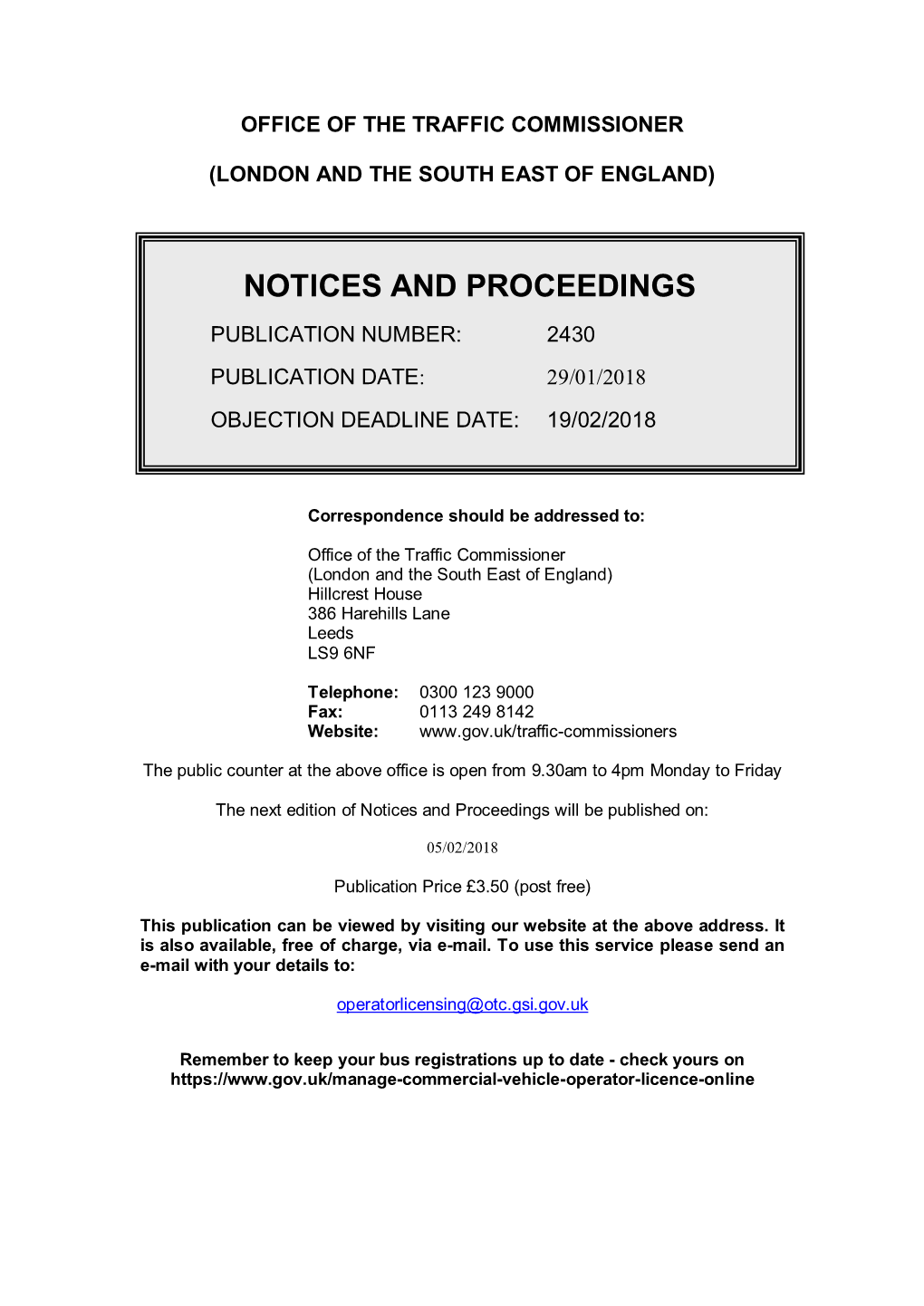 Notices and Proceedings 2430: Office of the Traffic Commissioner