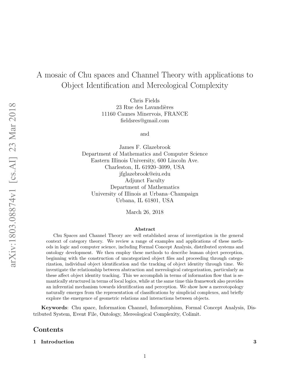 A Mosaic of Chu Spaces and Channel Theory with Applications to Object Identiﬁcation and Mereological Complexity