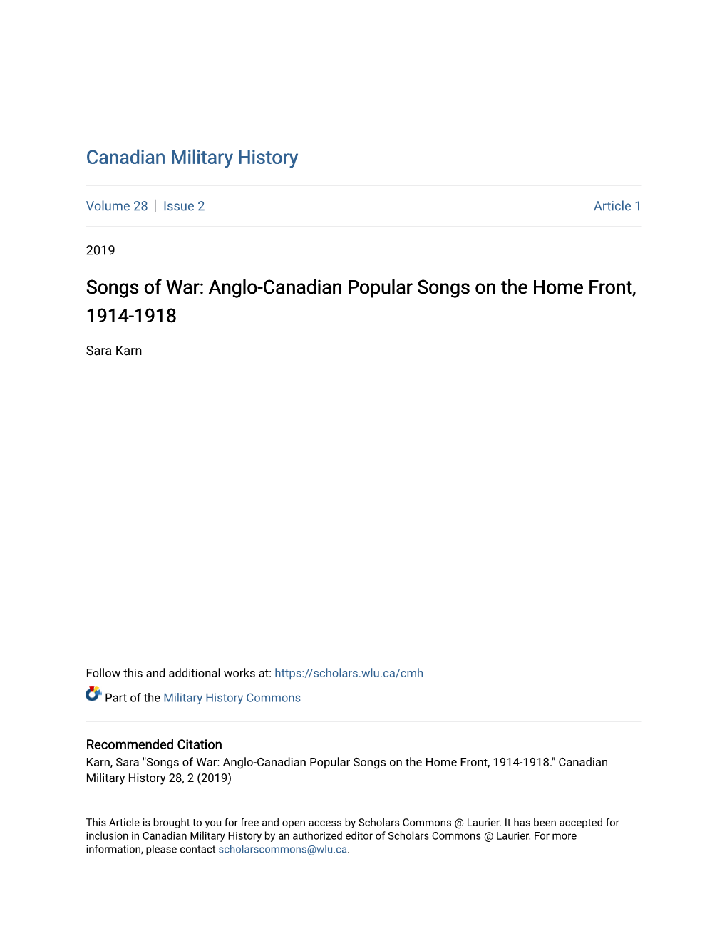 Songs of War: Anglo-Canadian Popular Songs on the Home Front, 1914-1918