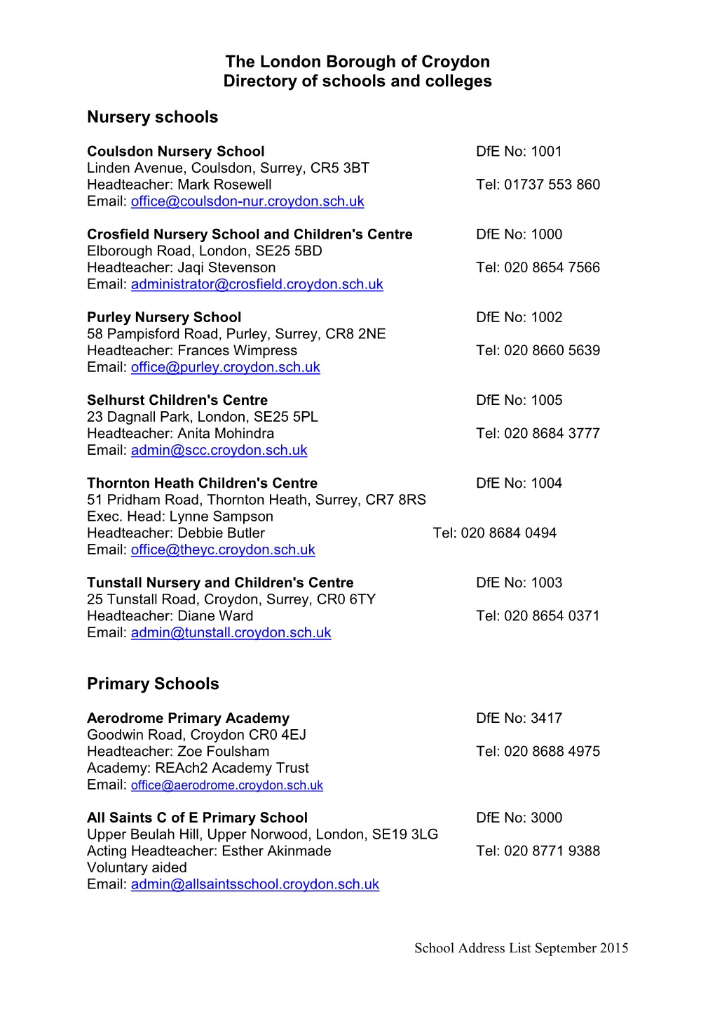 Croydon School Addresses and Phone Numbers Sep15.Pdf