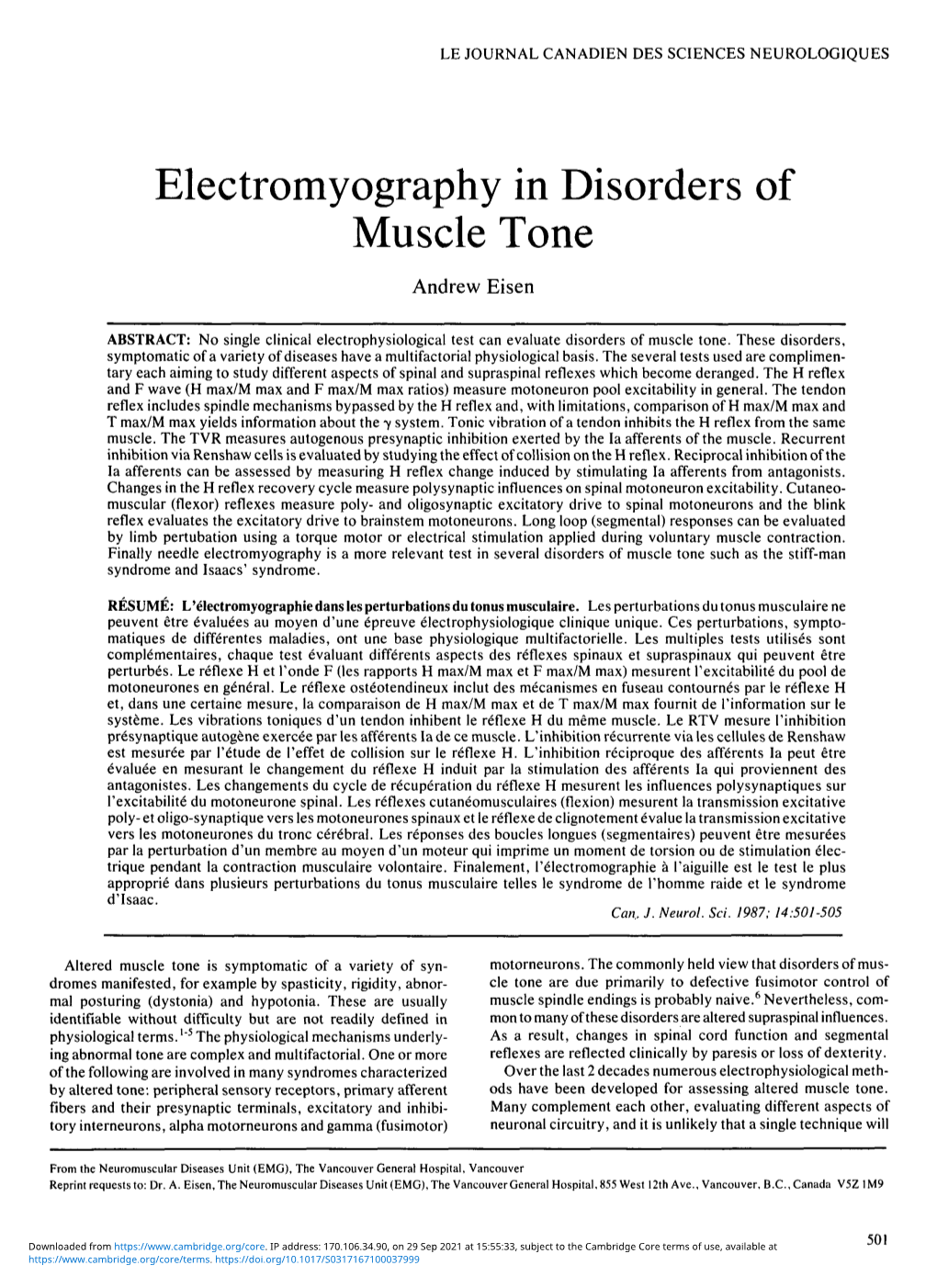 Electromyography in Disorders of Muscle Tone Andrew Eisen