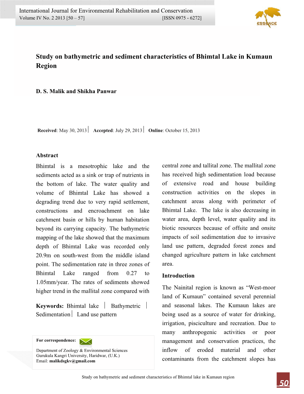 Study on Bathymetric and Sediment Characteristics of Bhimtal Lake in Kumaun Region