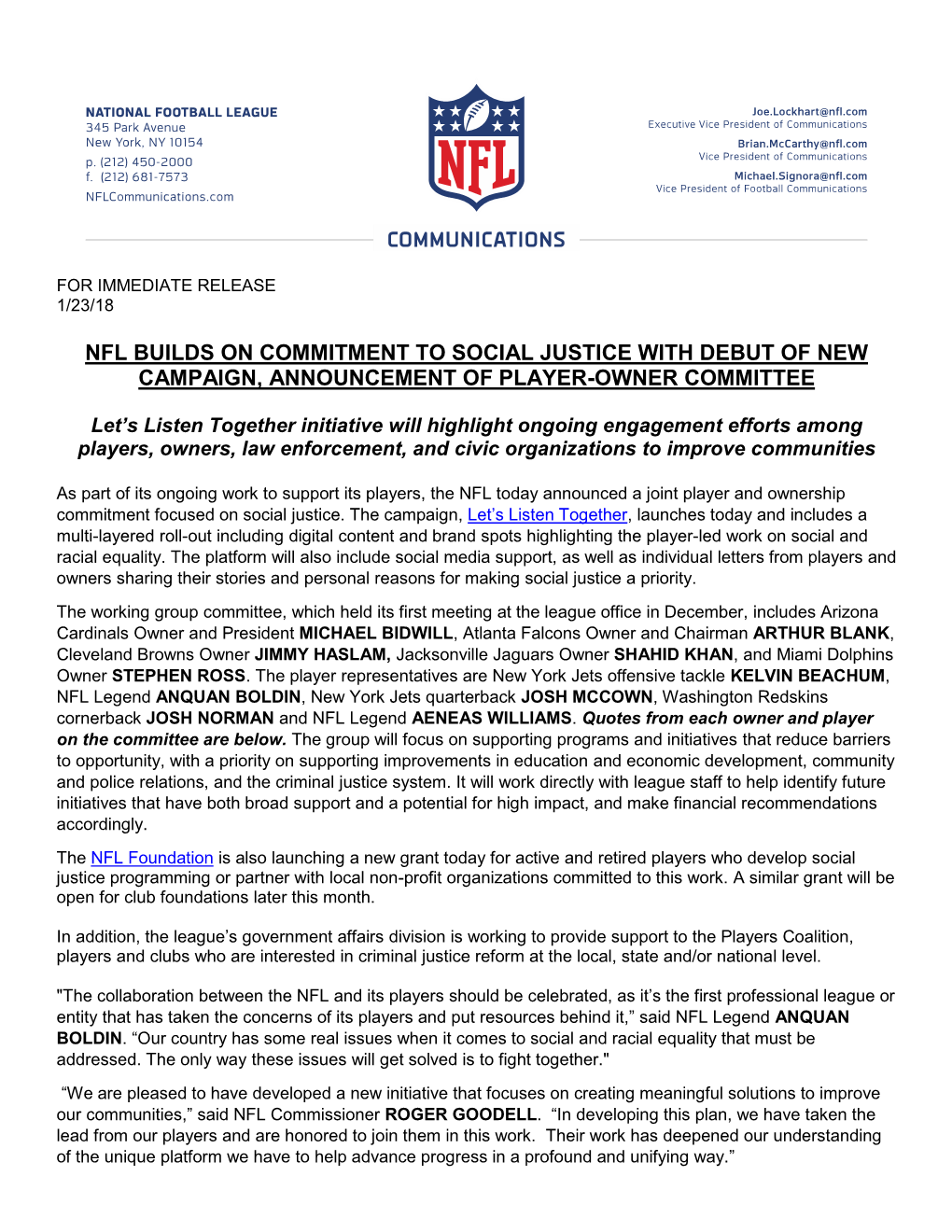 Nfl Builds on Commitment to Social Justice with Debut of New Campaign, Announcement of Player-Owner Committee