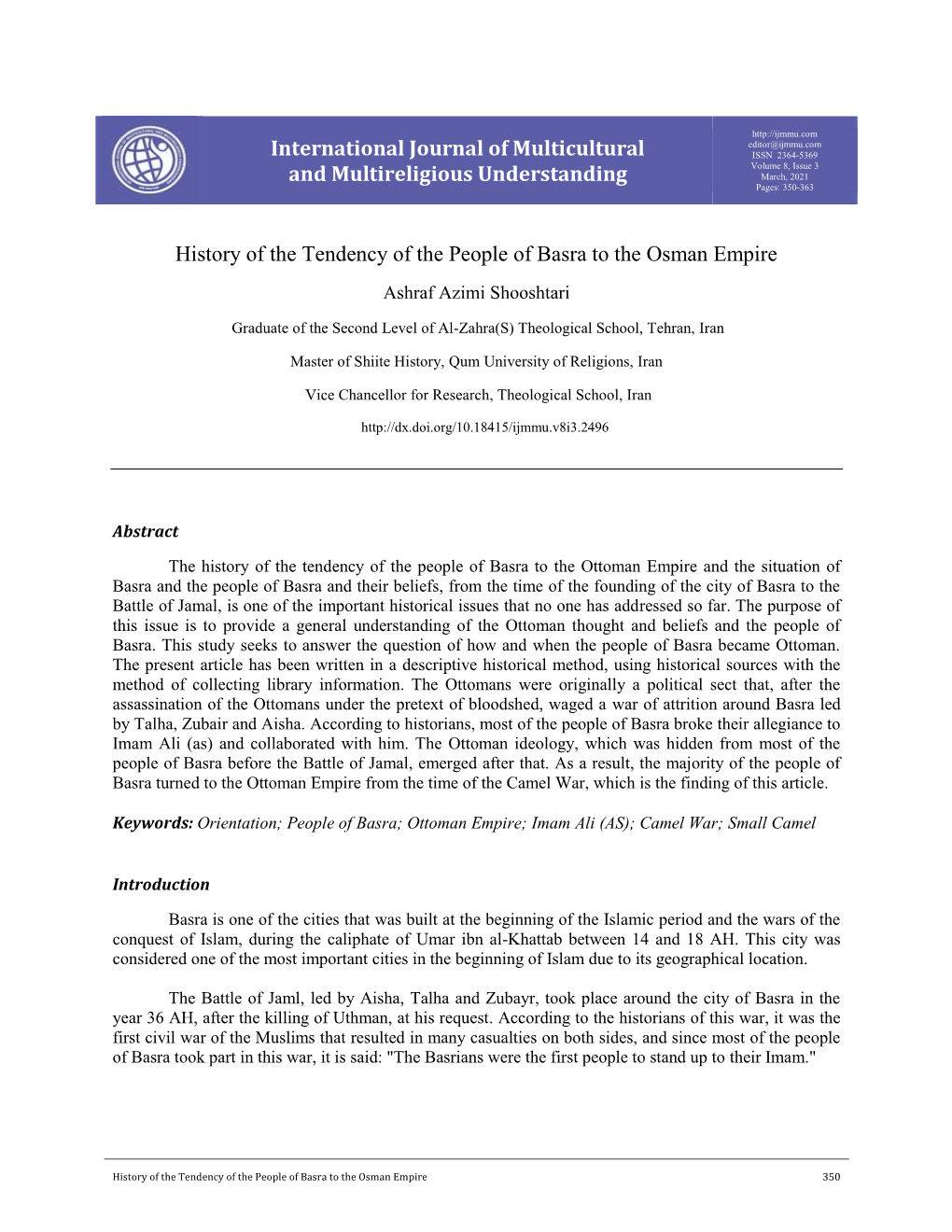 International Journal of Multicultural and Multireligious Understanding History of the Tendency of the People of Basra to the Os