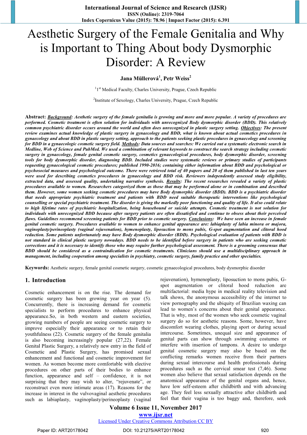 Aesthetic Surgery of the Female Genitalia and Why Is Important to Thing About Body Dysmorphic Disorder: a Review