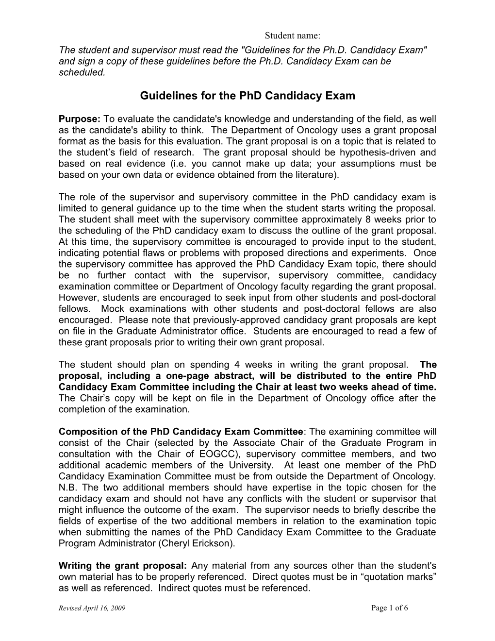 Guidelines for the Phd Candidacy Exam