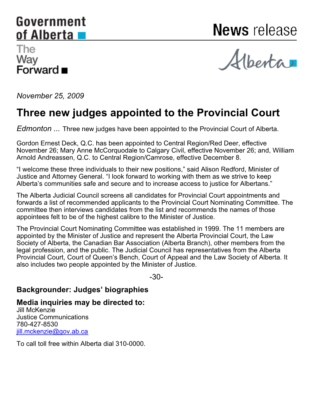 Three New Judges Appointed to the Provincial Court