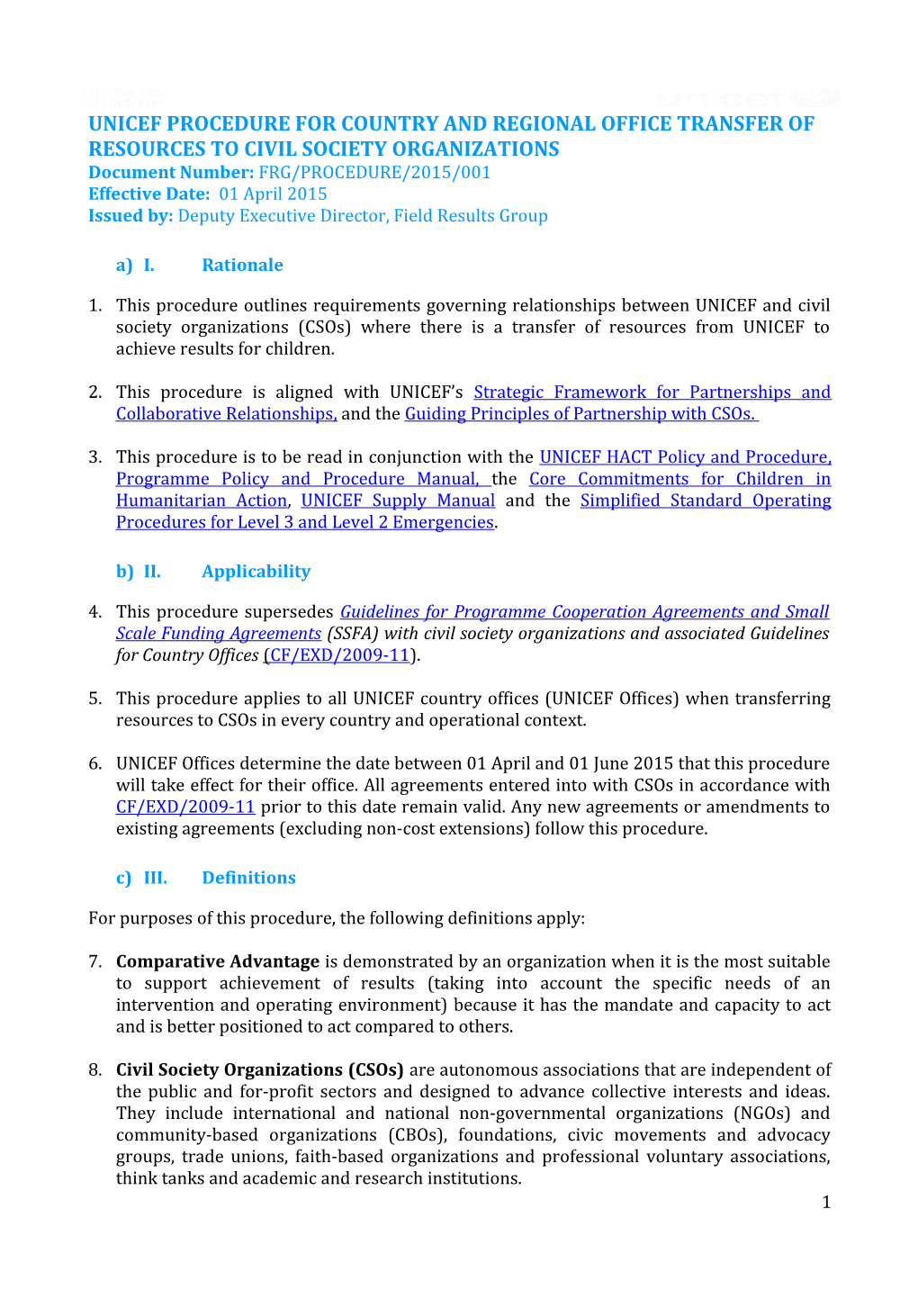 Unicef Procedure for Country and Regional Office Transfer of Resources to Civil Society