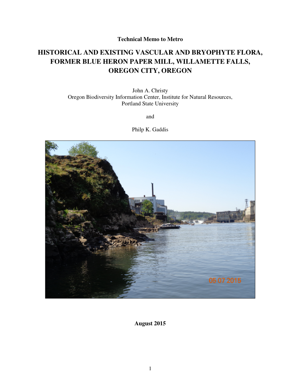 Historical and Existing Vascular and Bryophyte Flora, Former Blue Heron Paper Mill, Willamette Falls, Oregon City, Oregon