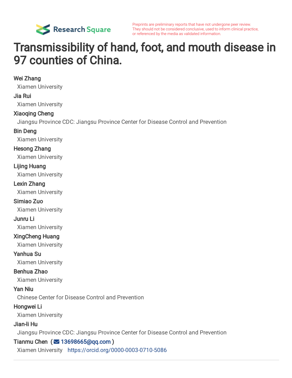 Transmissibility of Hand, Foot, and Mouth Disease in 97 Counties of China