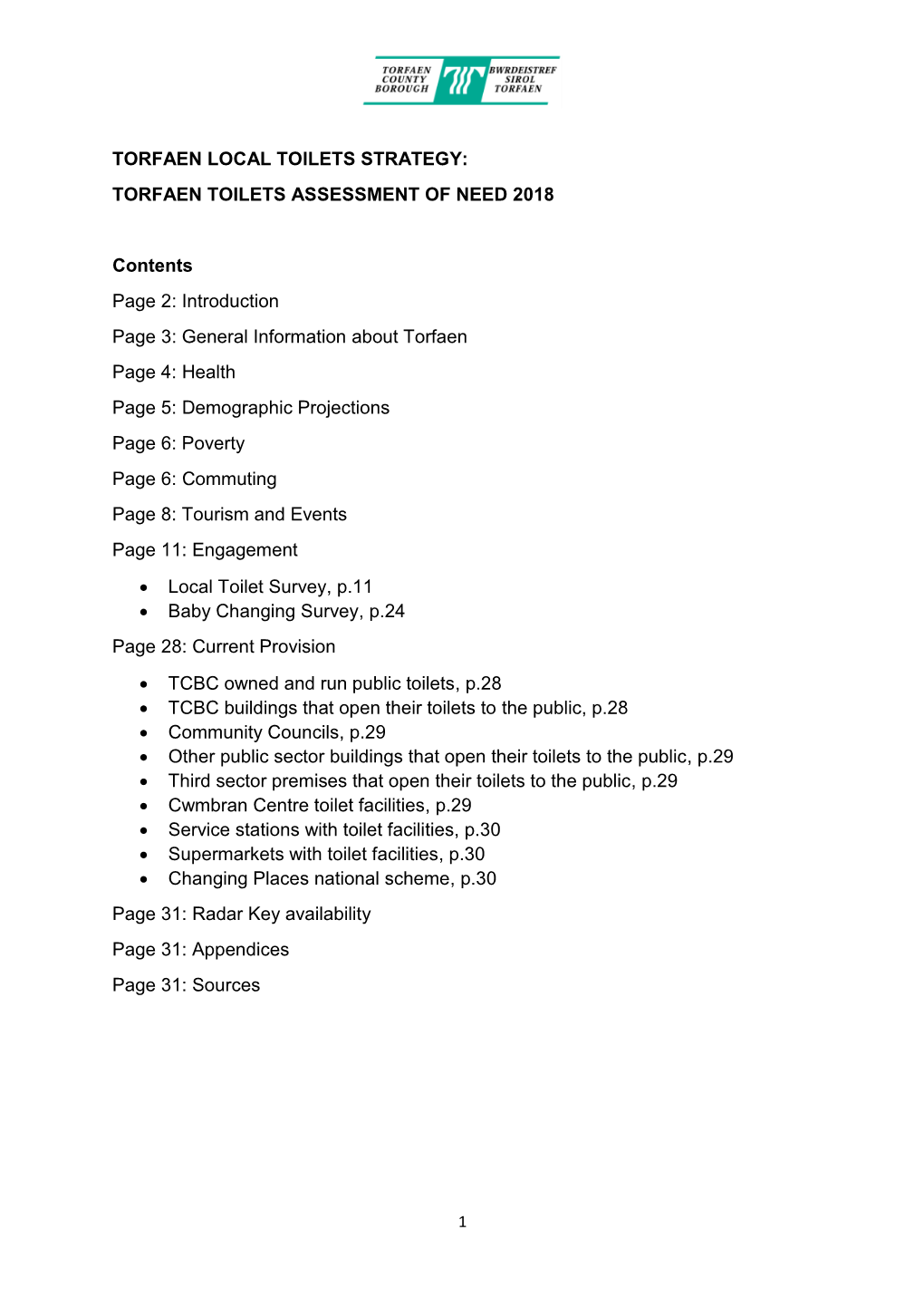 Torfaen Local Toilets Strategy: Torfaen Toilets Assessment of Need 2018