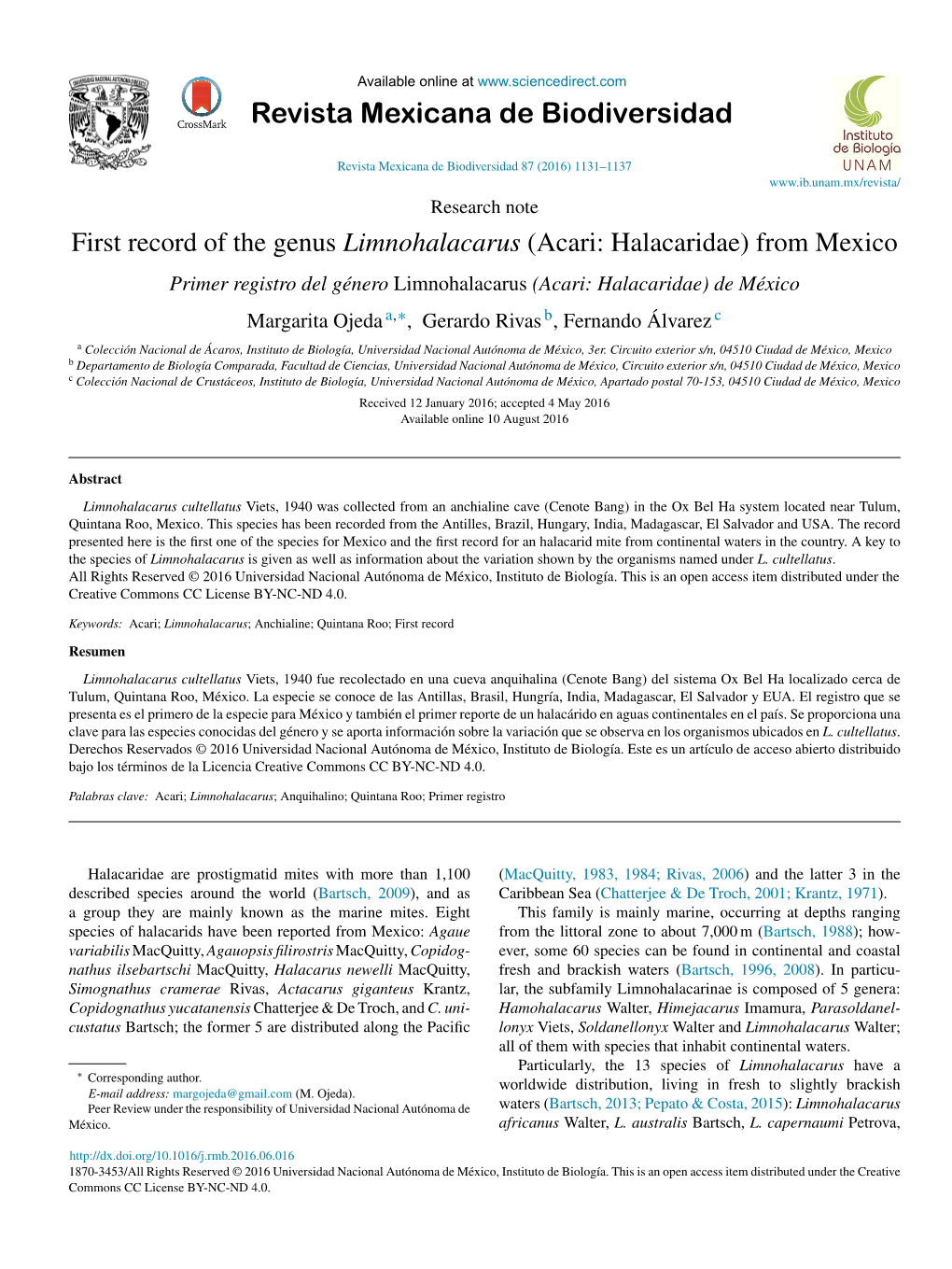 First Record of the Genus Limnohalacarus (Acari: Halacaridae) from Mexico