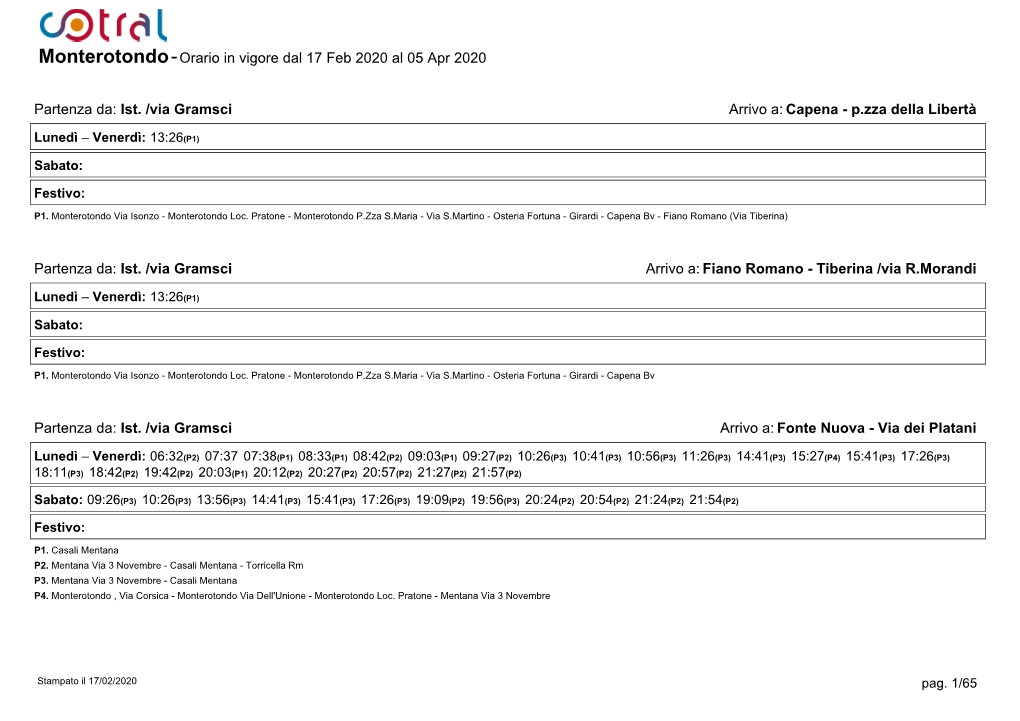 Monterotondo-Orario in Vigore Dal 17 Feb 2020 Al 05 Apr 2020 Partenza Da