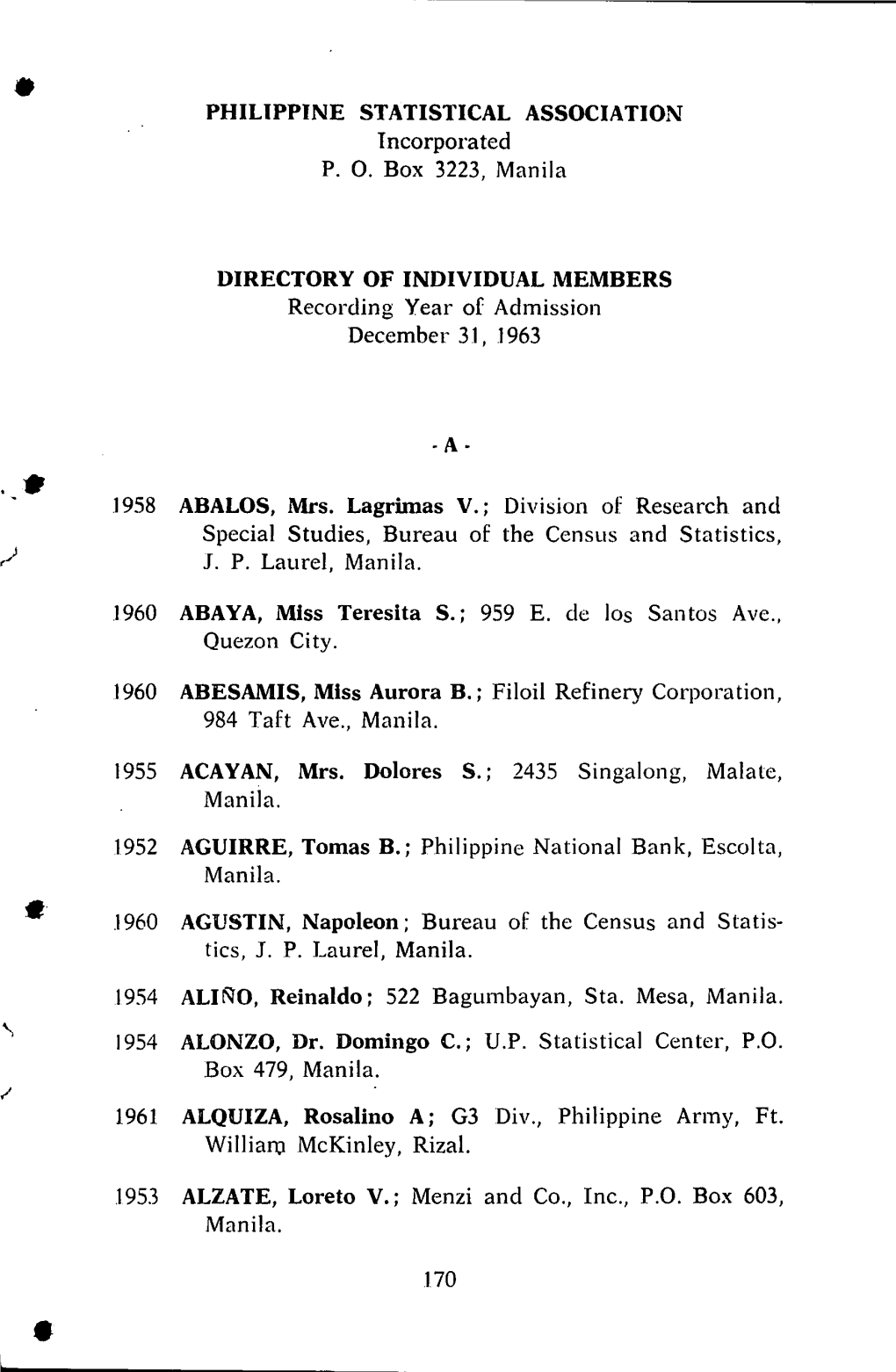 PHILIPPINE STATISTICAL ASSOCIATION Incorporated P. O. Box 3223, Manila