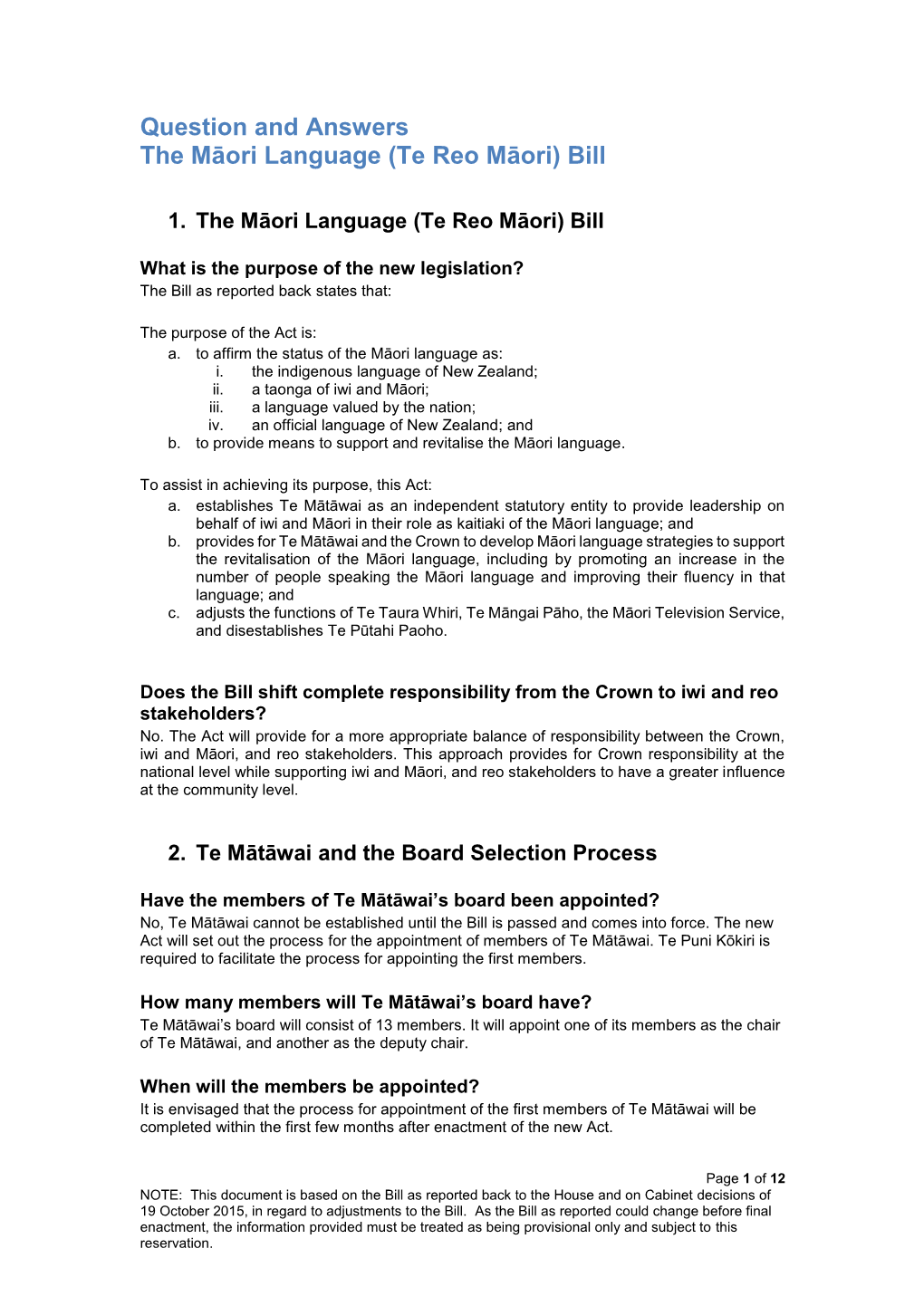 Question and Answers the Māori Language (Te Reo Māori) Bill