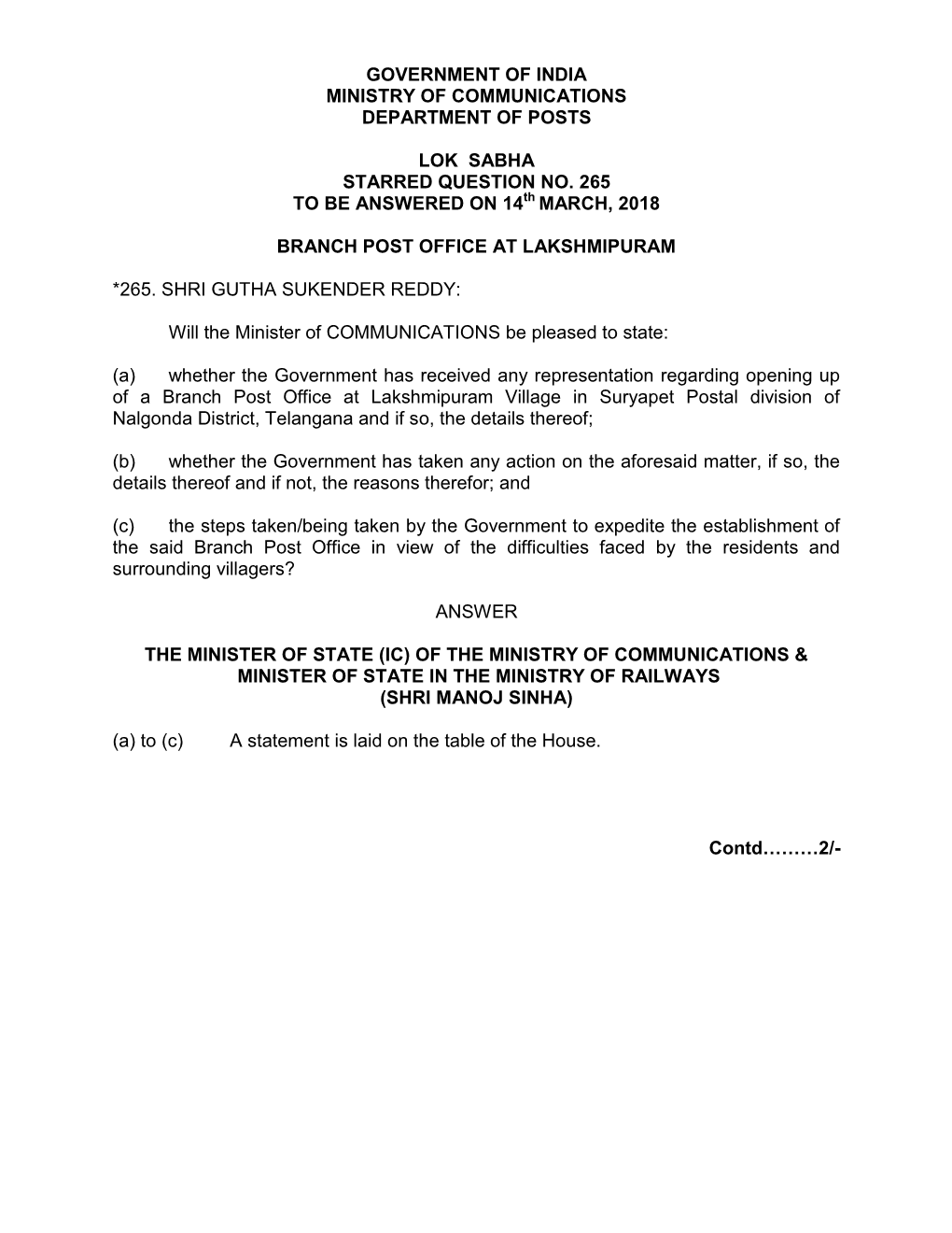 Government of India Ministry of Communications Department of Posts