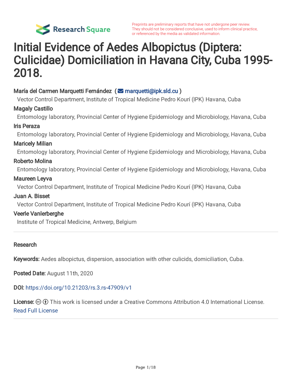 Initial Evidence of Aedes Albopictus (Diptera: Culicidae) Domiciliation in Havana City, Cuba 1995- 2018