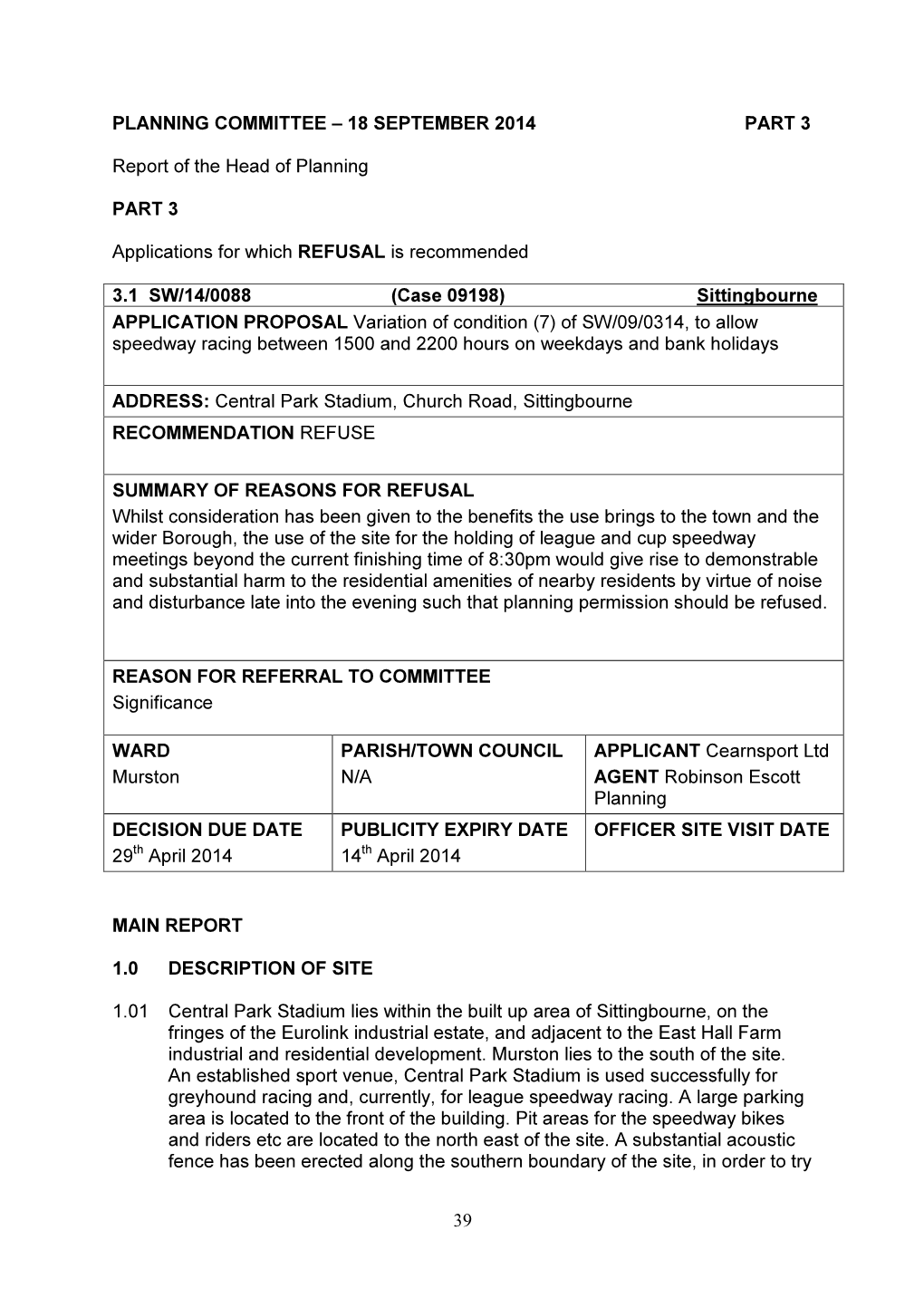 18 SEPTEMBER 2014 PART 3 Report of the Head of Planning PART 3