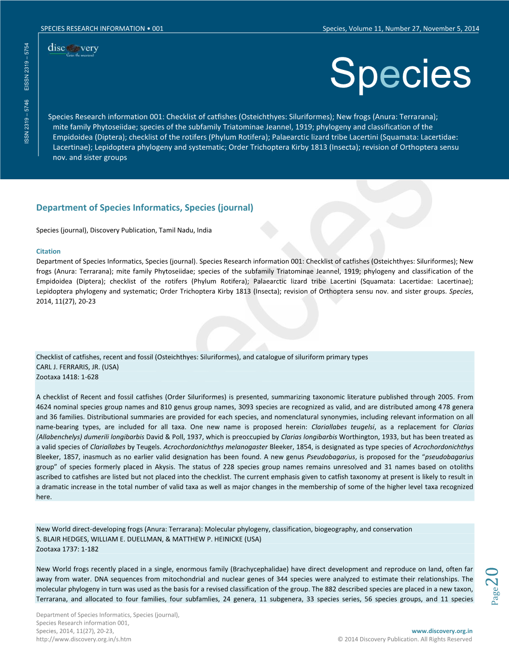 SPECIES RESEARCH INFORMATION • 001 Species, Volume 11, Number 27, November 5, 2014 754 5 –