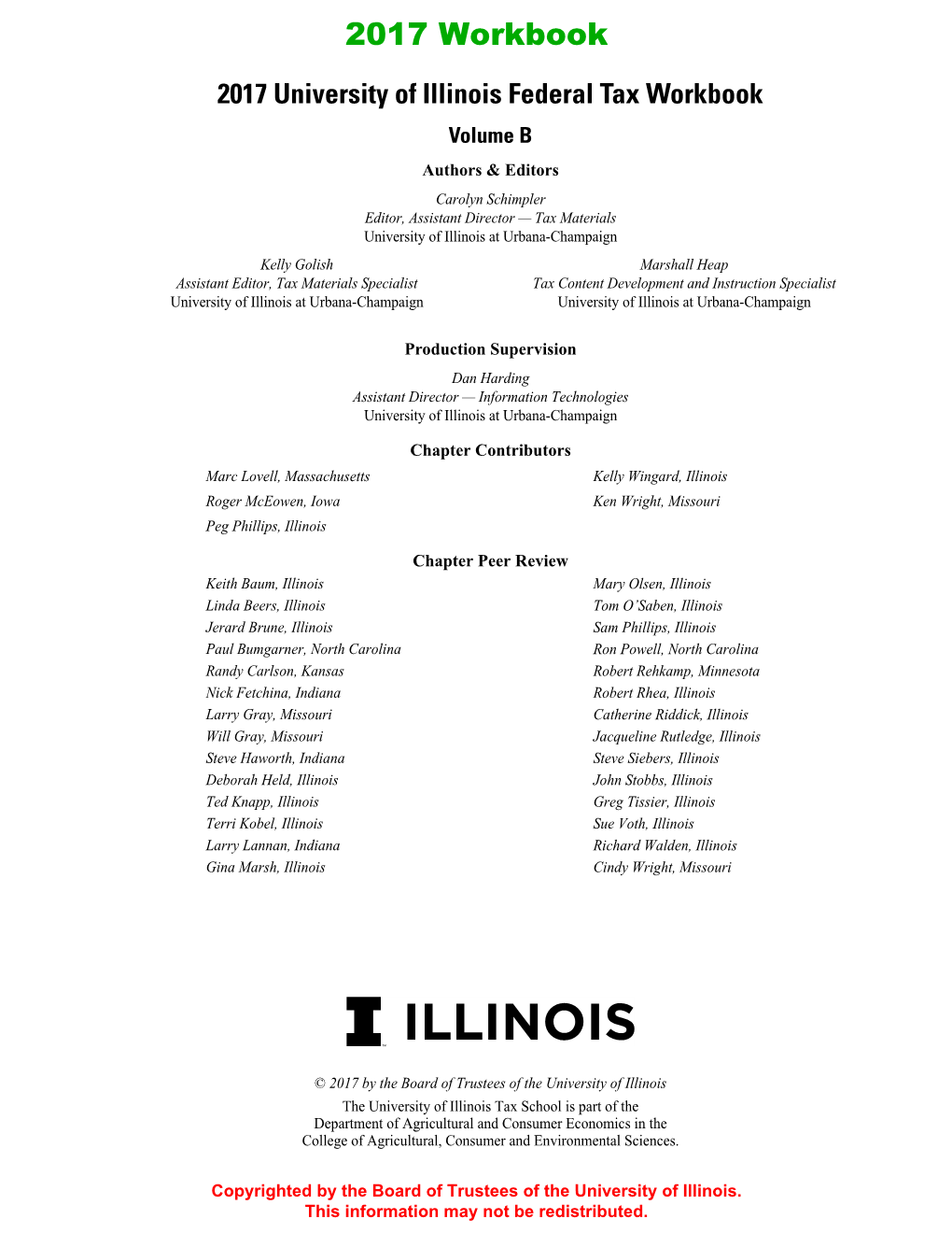 2017 University of Illinois Federal Tax Workbook Volume B