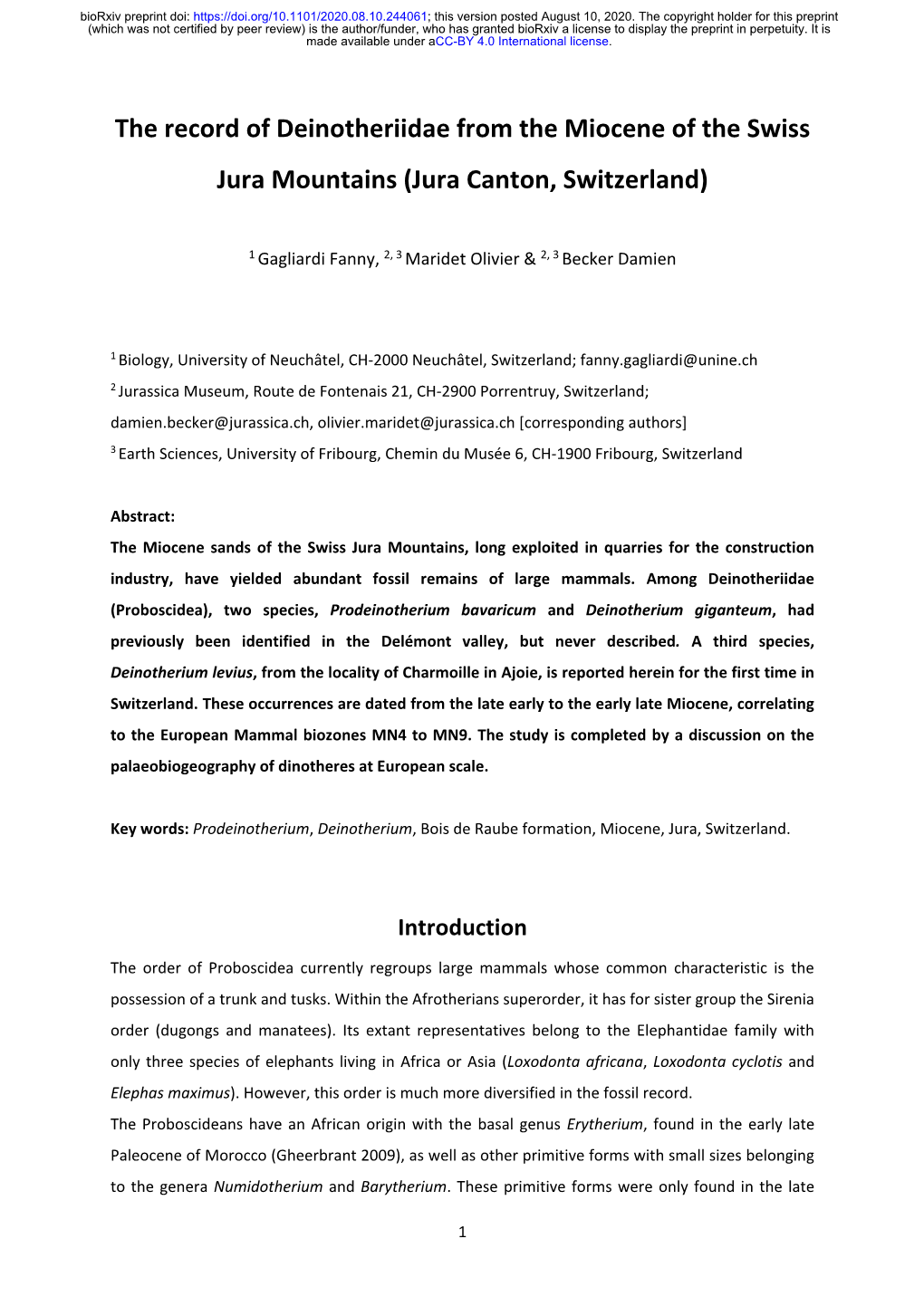 The Record of Deinotheriidae from the Miocene of the Swiss Jura Mountains (Jura Canton, Switzerland)