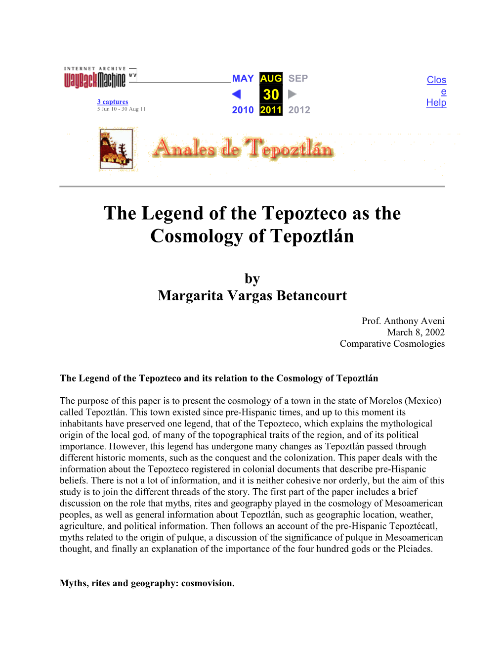 The Legend of the Tepozteco As the Cosmology of Tepoztlán