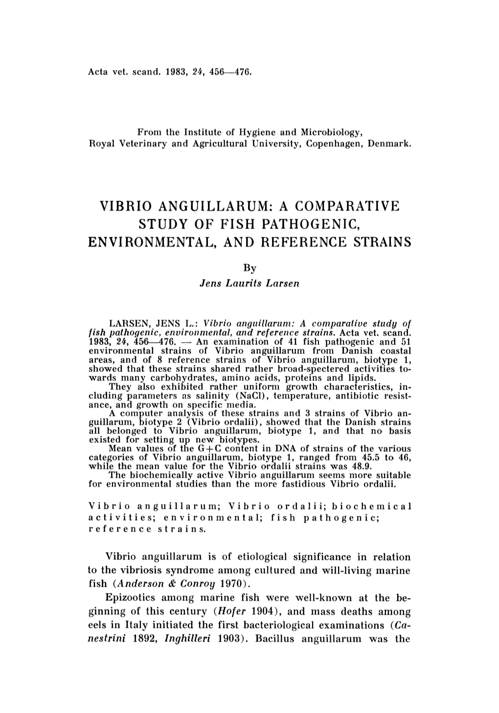 Vibrio Anguillarum: a Comparative Study of Fish Pathogenic, Environmental, and Reference Strains