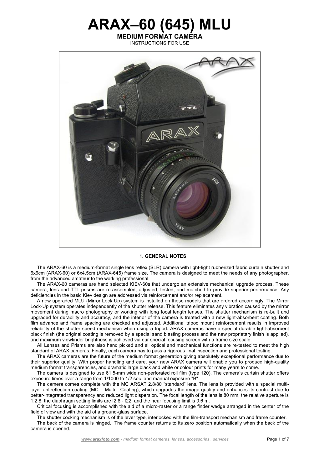 Arax–60 (645) Mlu Medium Format Camera Instructions for Use