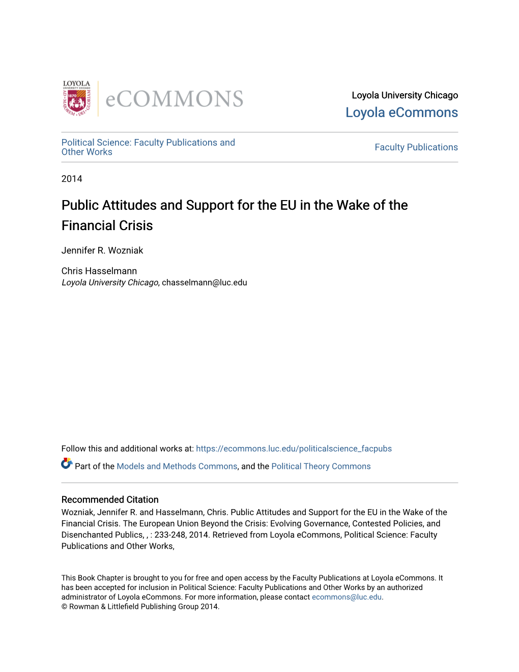 Public Attitudes and Support for the EU in the Wake of the Financial Crisis