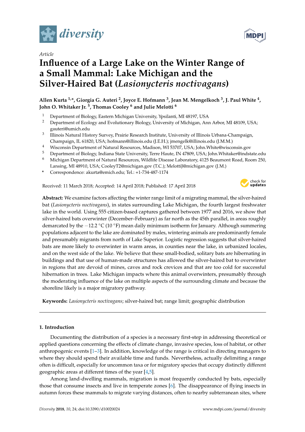 Lake Michigan and the Silver-Haired Bat (Lasionycteris Noctivagans)
