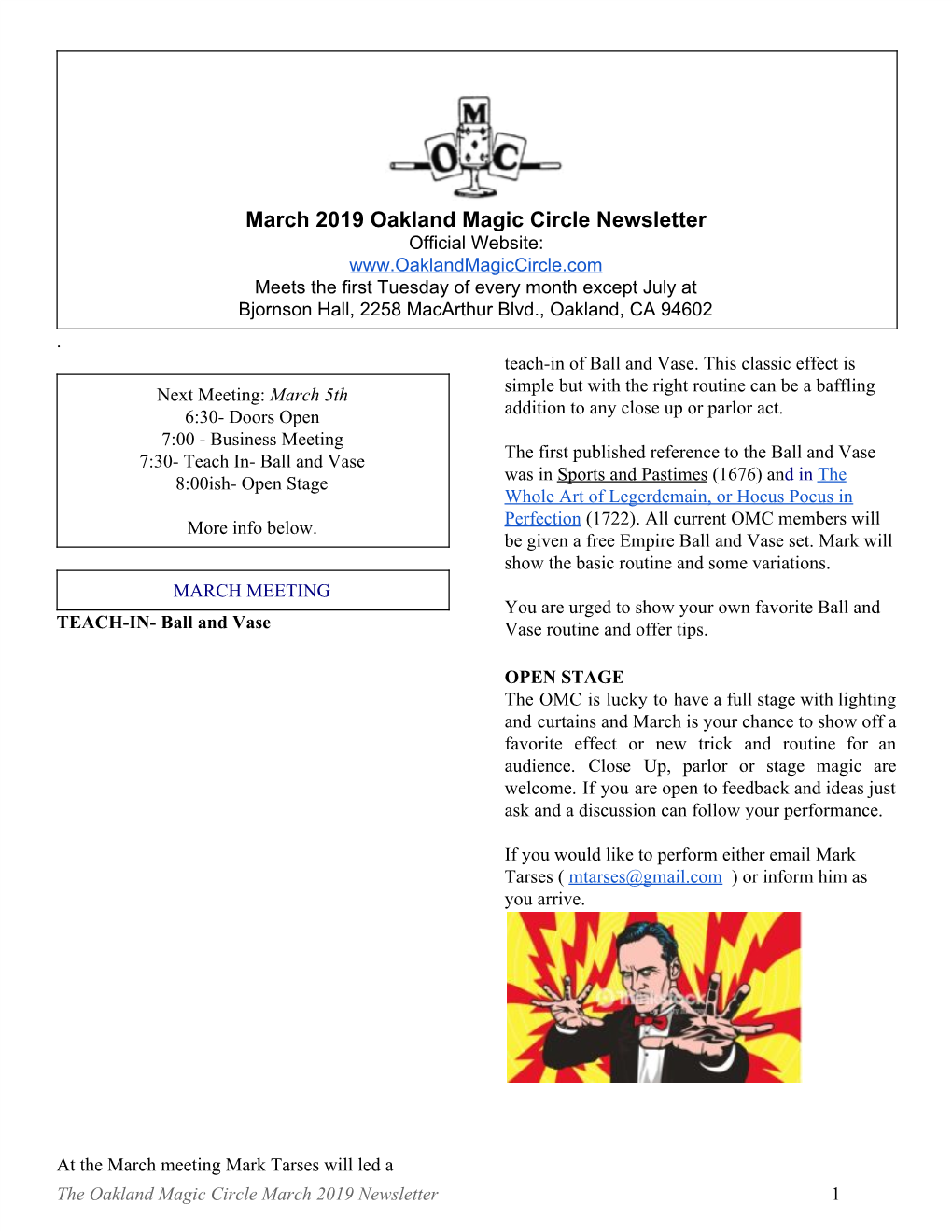 March 2019 Oakland Magic Circle Newsletter