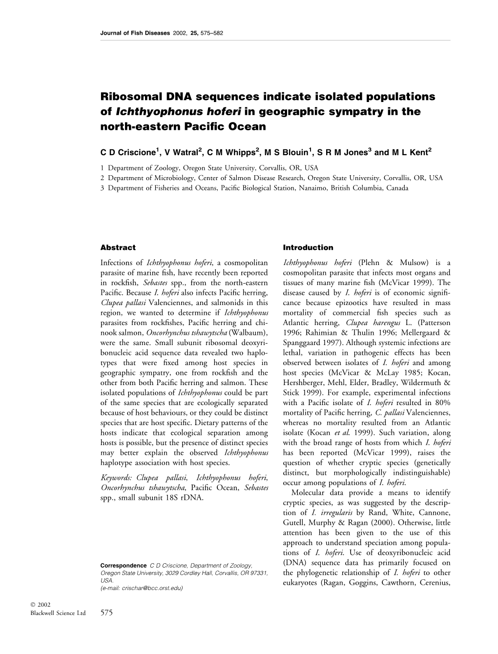 Journal of Fish Diseases 2002, 25, 575–582