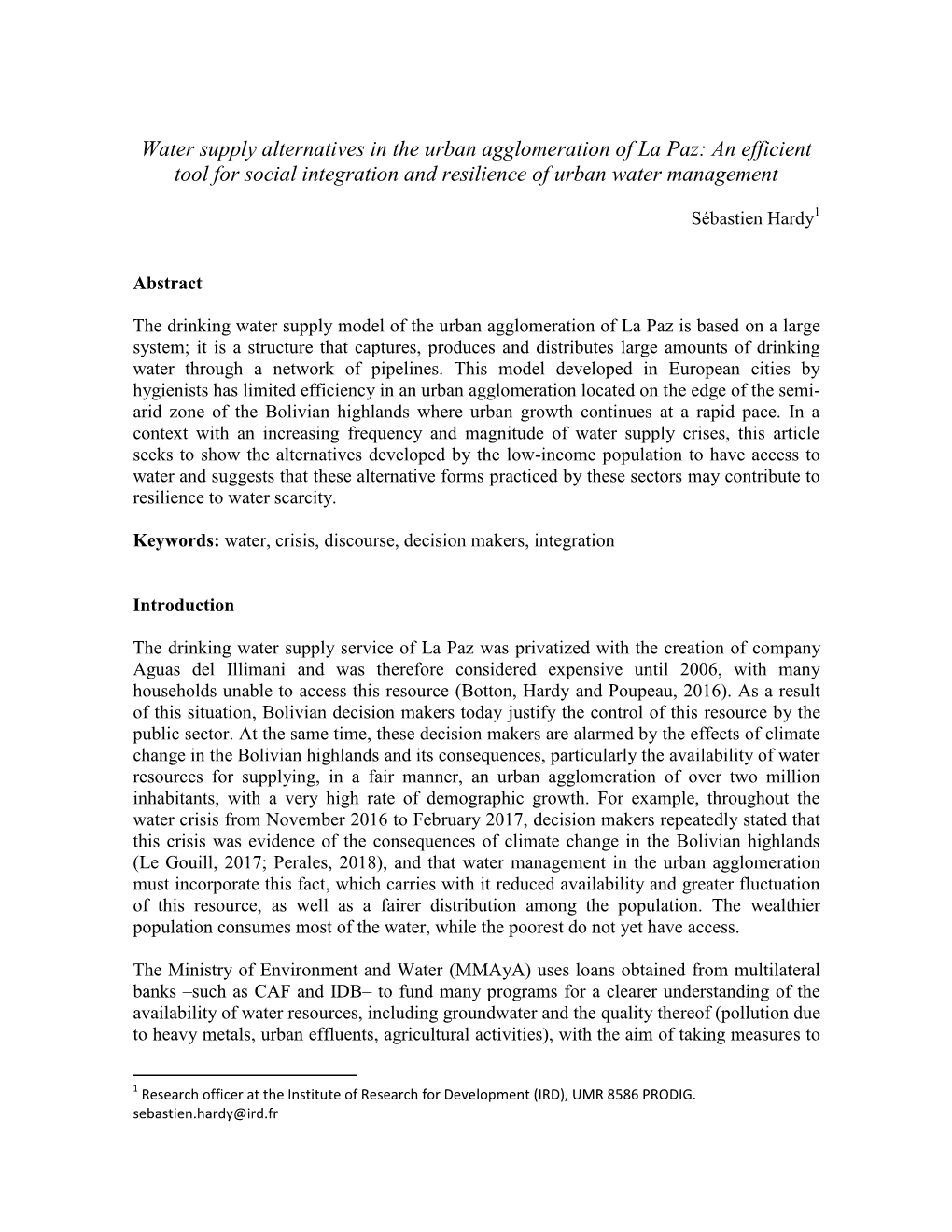 Water Supply Alternatives in the Urban Agglomeration of La Paz: an Efficient Tool for Social Integration and Resilience of Urban Water Management