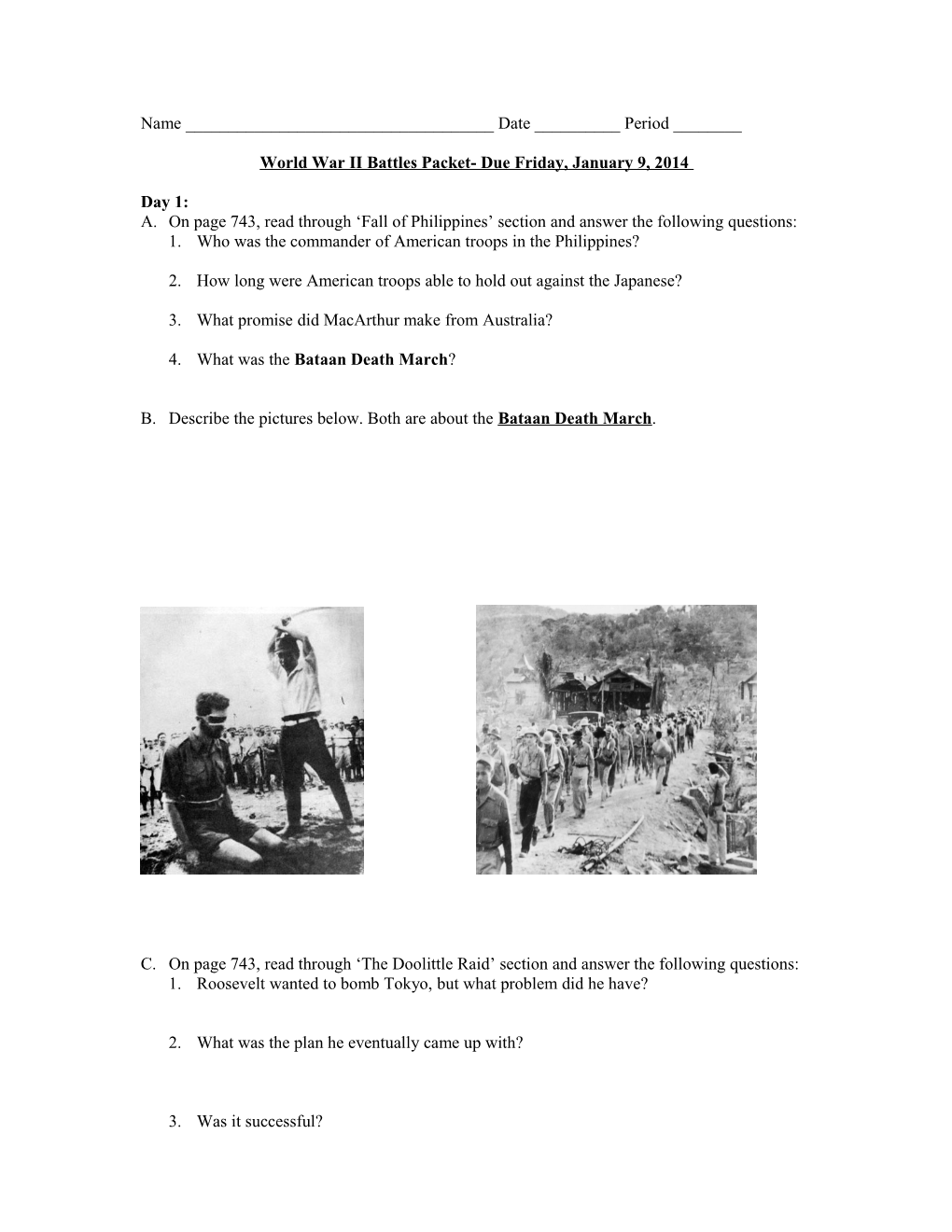 World War II Battles Packet- Due Friday, January 9, 2014