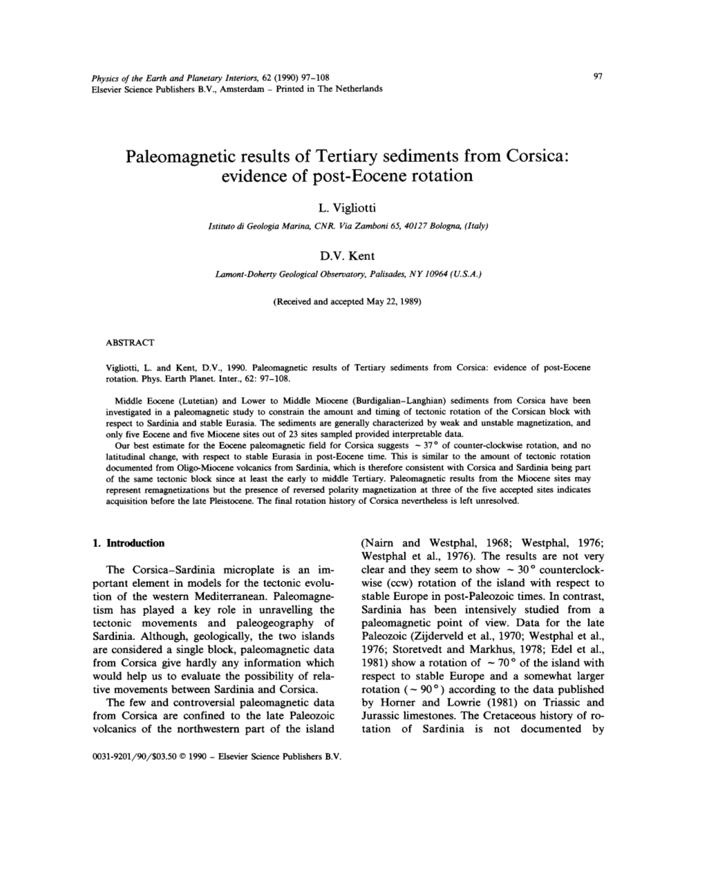 Paleomagnetic Results of Tertiary Sediments from Corsica: Evidence of Post-Eocene Rotation