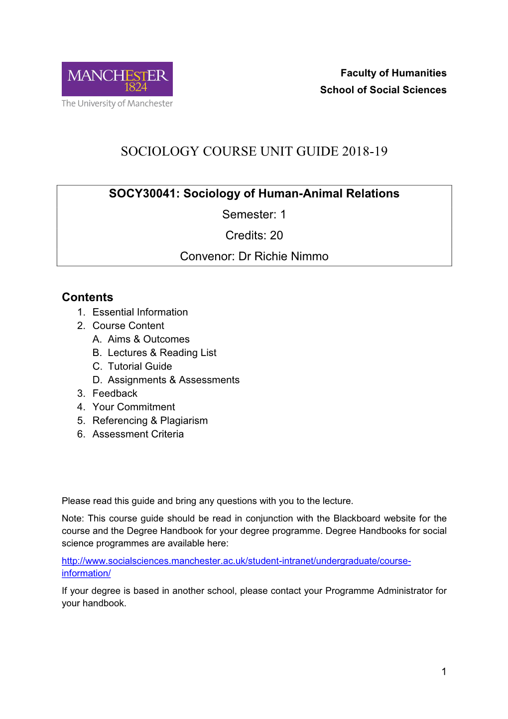 Sociology Course Unit Guide 2018-19