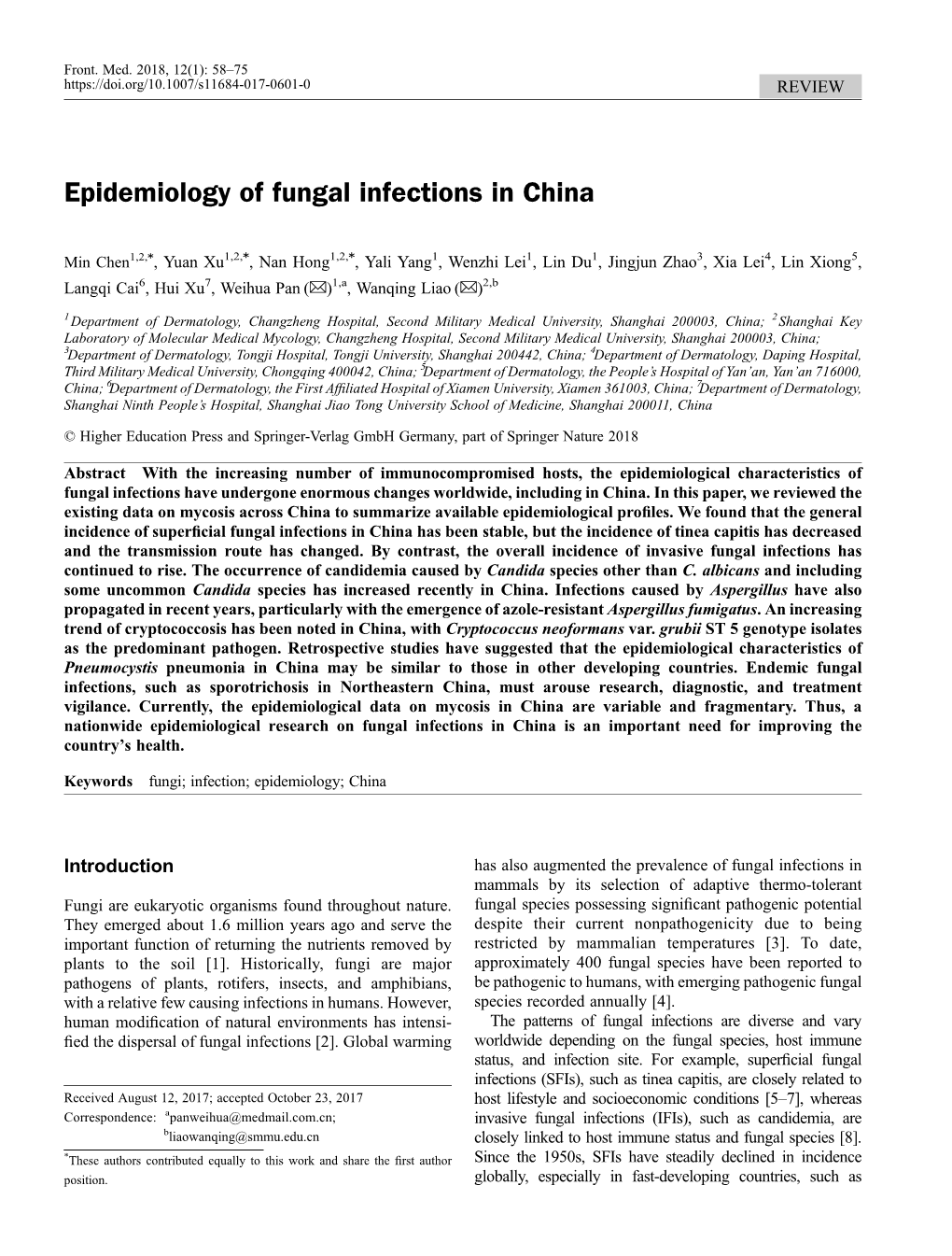 Epidemiology of Fungal Infections in China