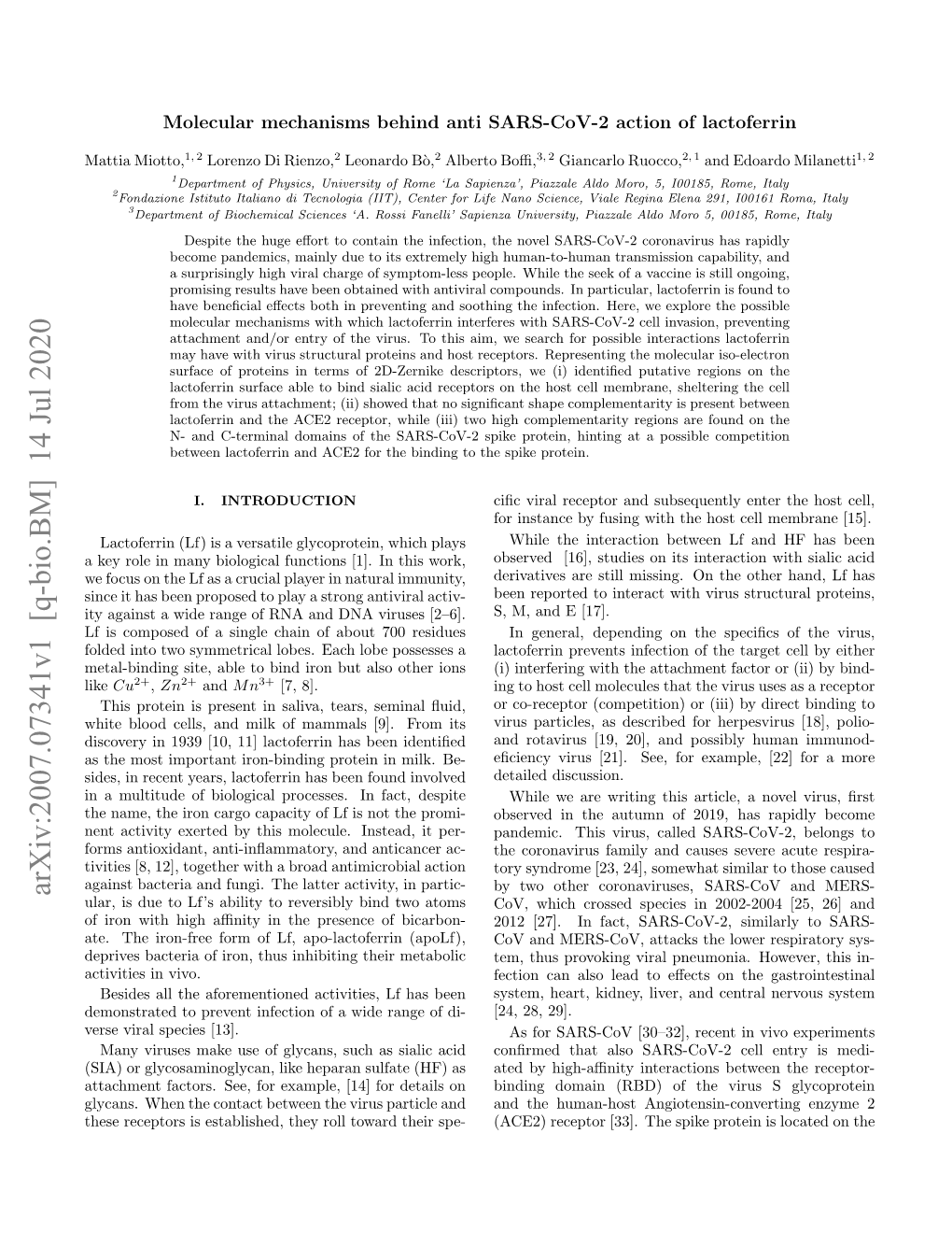 Arxiv:2007.07341V1 [Q-Bio.BM] 14 Jul 2020