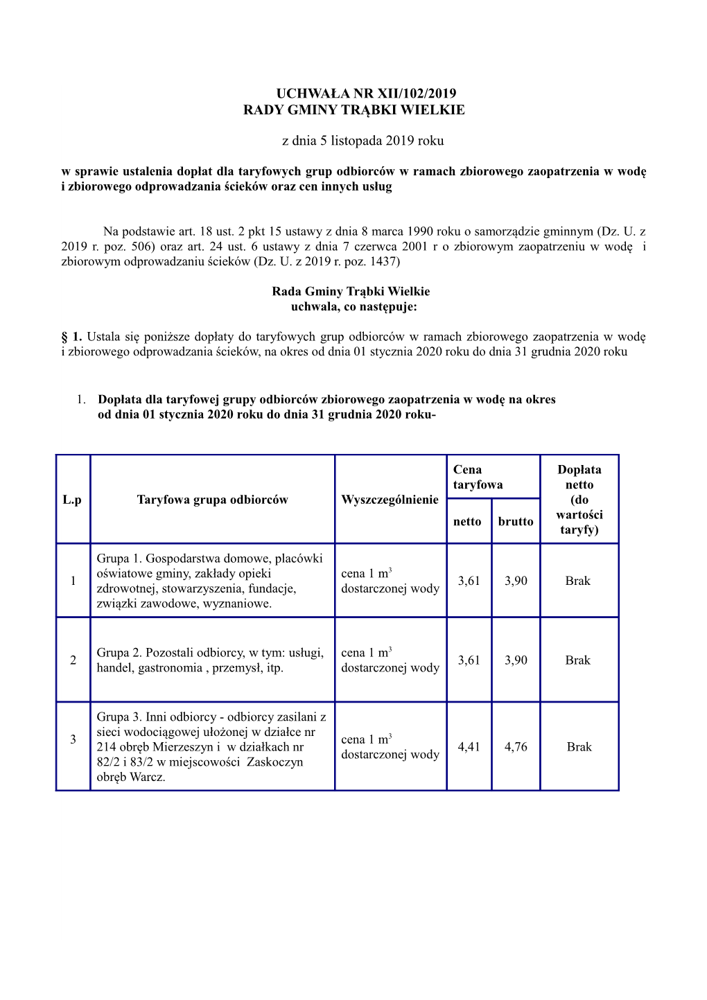 UCHWAŁA NR XII/102/2019 RADY GMINY TRĄBKI WIELKIE Z Dnia 5