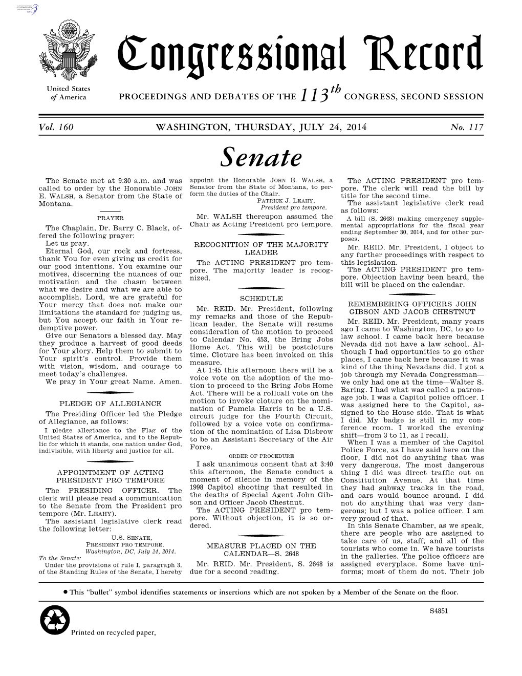 Congressional Record United States Th of America PROCEEDINGS and DEBATES of the 113 CONGRESS, SECOND SESSION