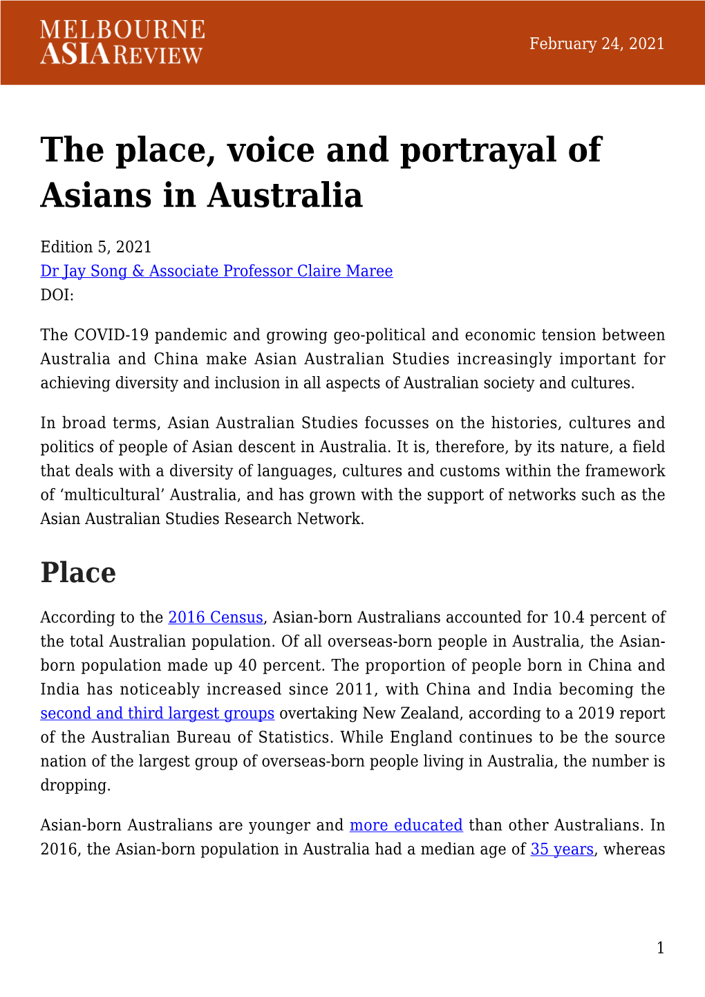 The Place, Voice and Portrayal of Asians in Australia