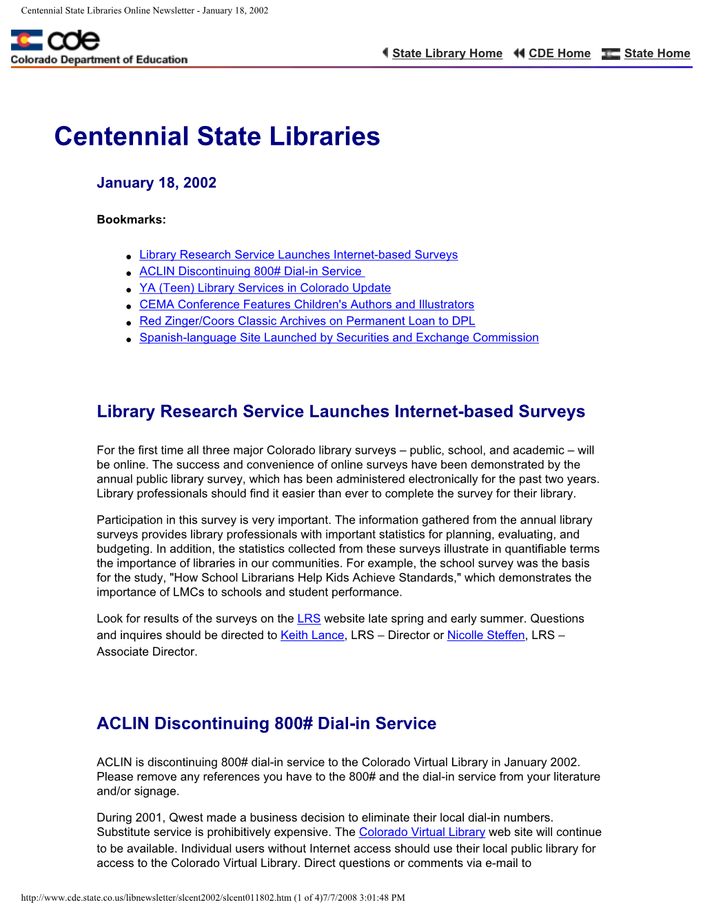 Centennial State Libraries Online Newsletter - January 18, 2002