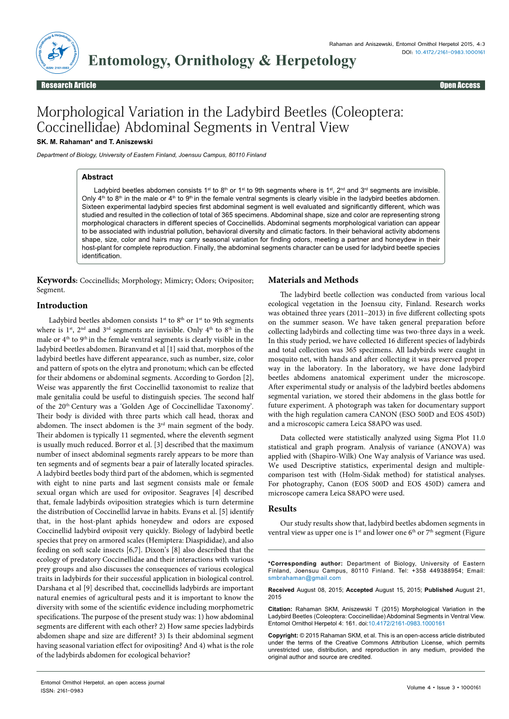 Morphological Variation in the Ladybird Beetles (Coleoptera: Coccinellidae) Abdominal Segments in Ventral View SK