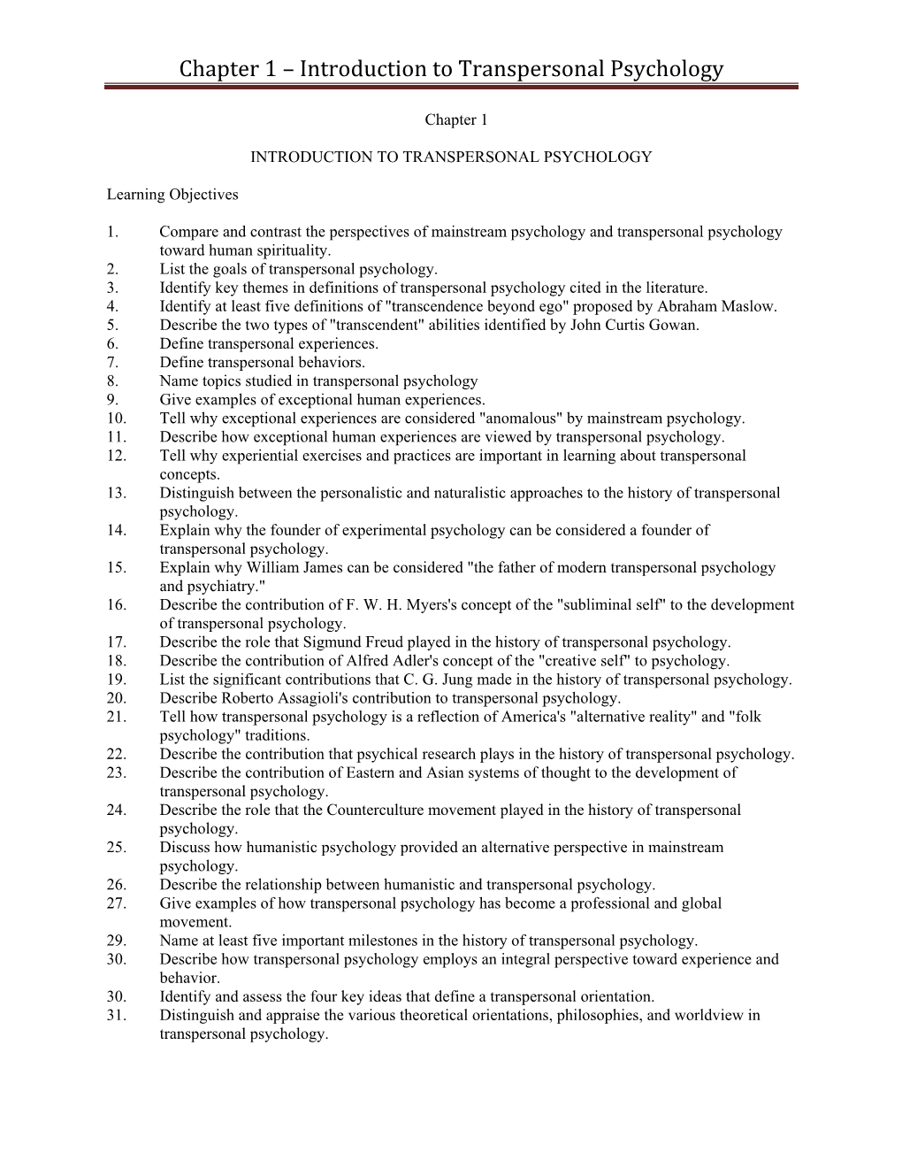 Chapter 1 – Introduction to Transpersonal Psychology