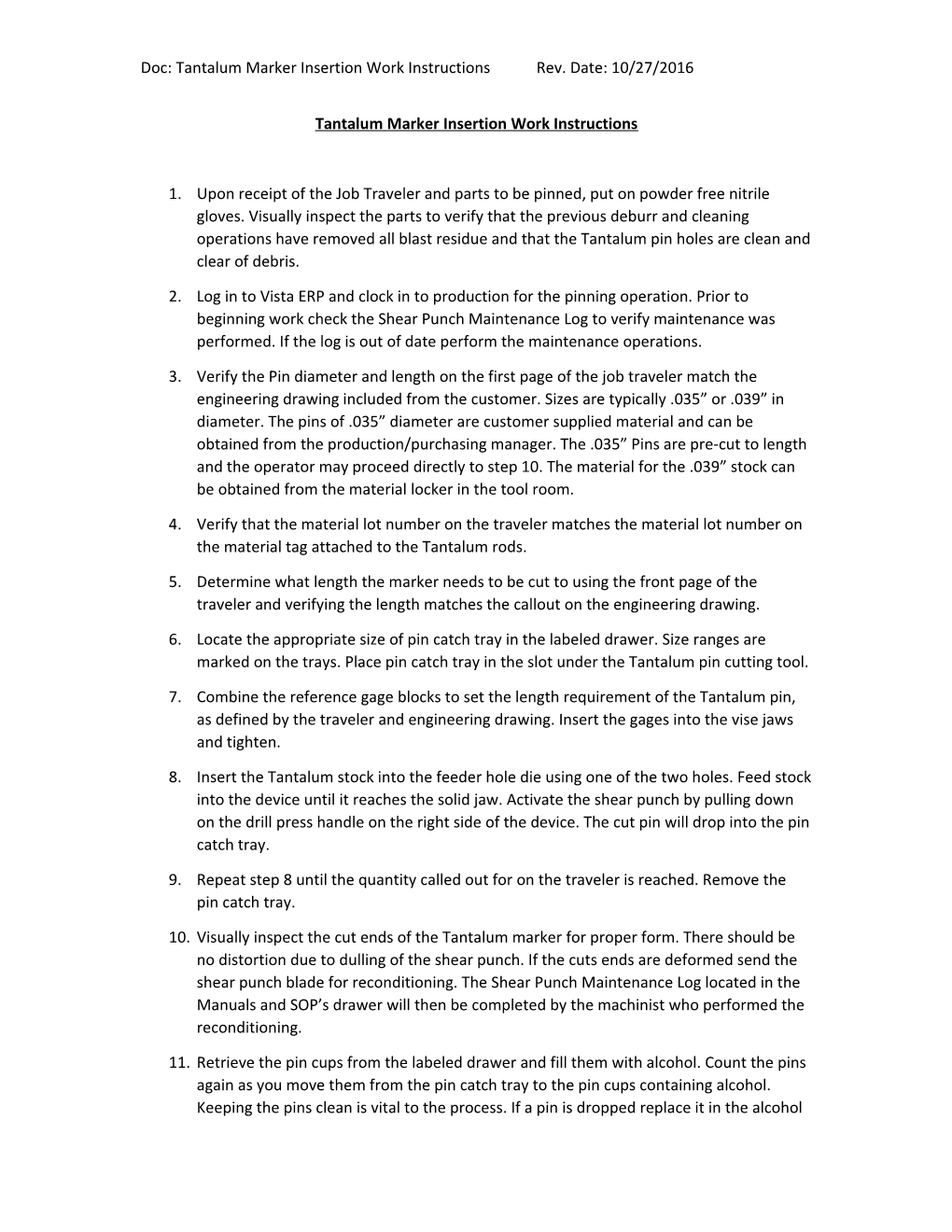 Tantalum Marker Insertion Work Instructions