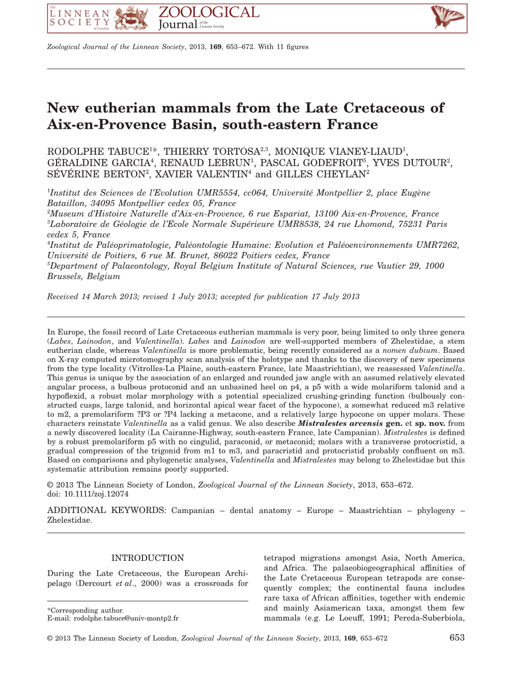 New Eutherian Mammals from the Late Cretaceous of Aixenprovence