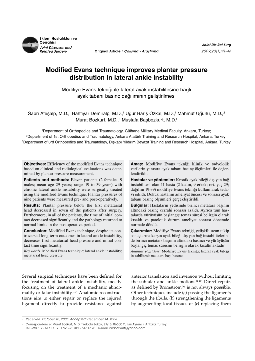 Modified Evans Technique Improves Plantar Pressure Distribution in Lateral Ankle Instability