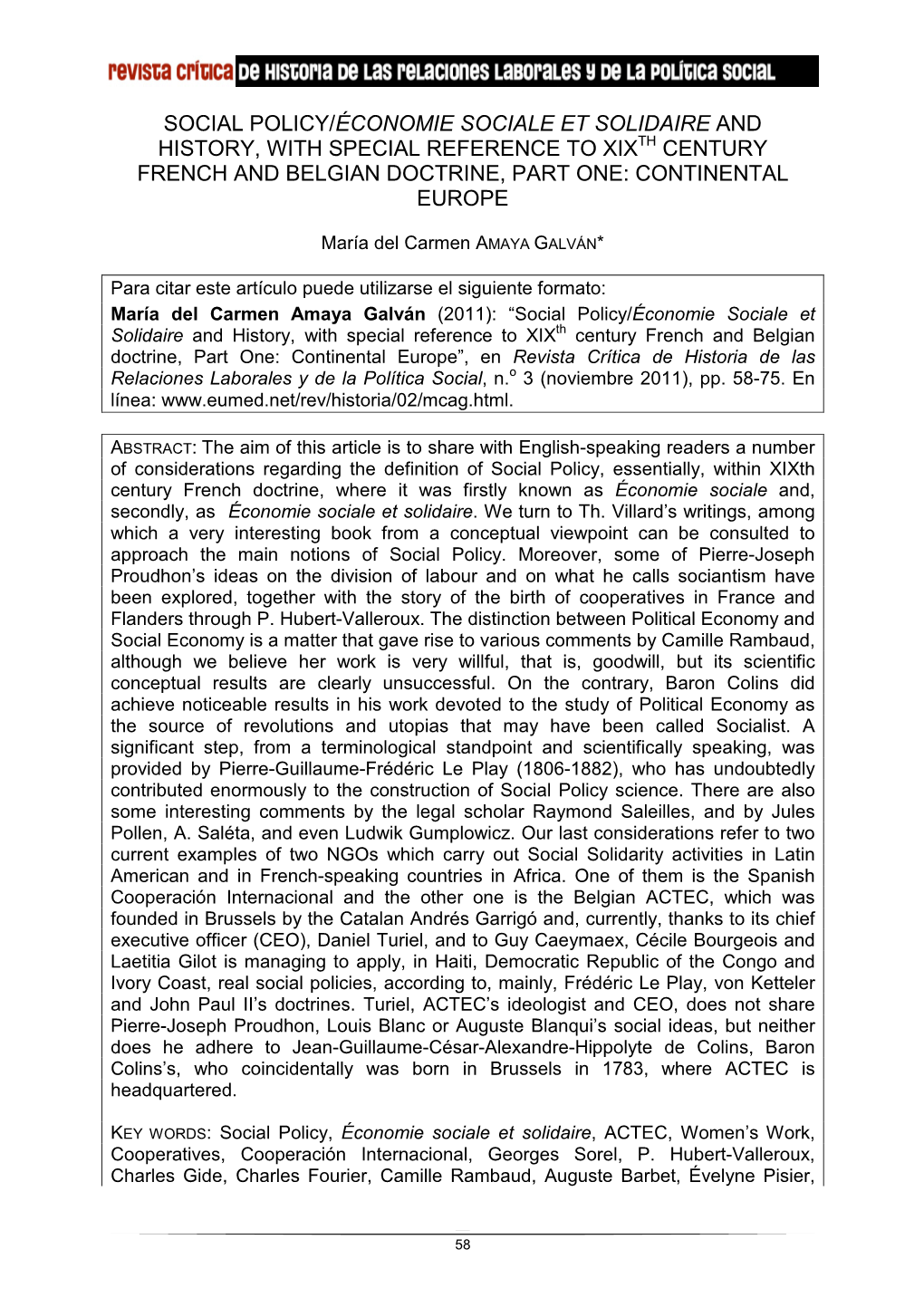 Social Policy/Économie Sociale Et Solidaire and History, with Special Reference to Xix Th Century French and Belgian Doctrine, Part One: Continental Europe