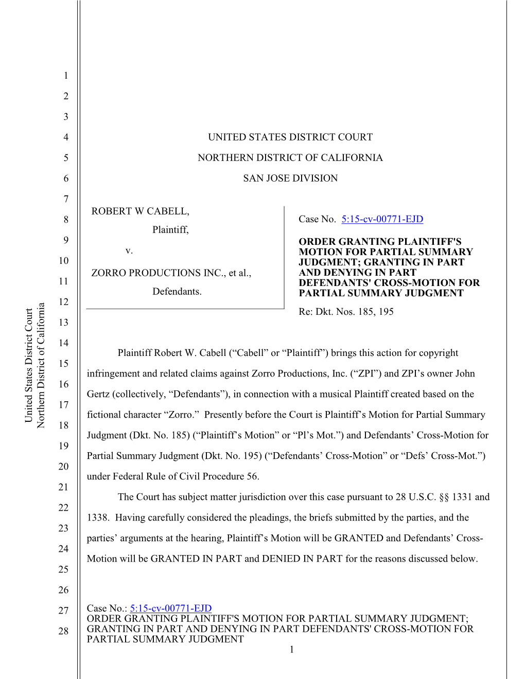 5:15-Cv-00771-EJD ORDER GRANTING PLAINTIFF's MOTION