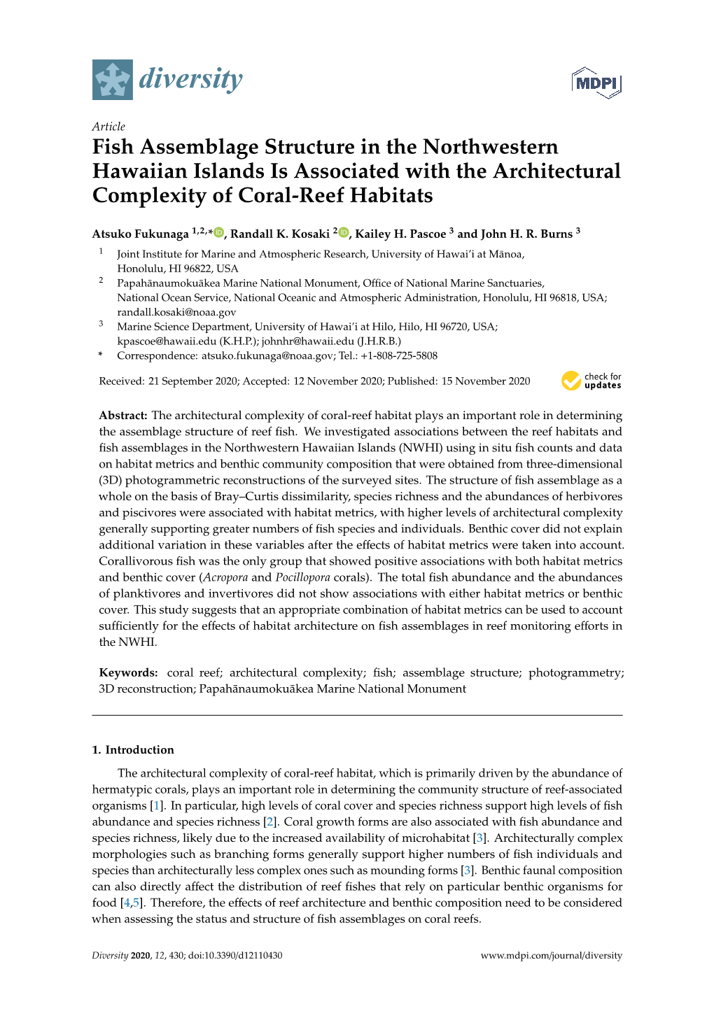 Fish Assemblage Structure in the Northwestern Hawaiian Islands Is Associated with the Architectural Complexity of Coral-Reef Habitats